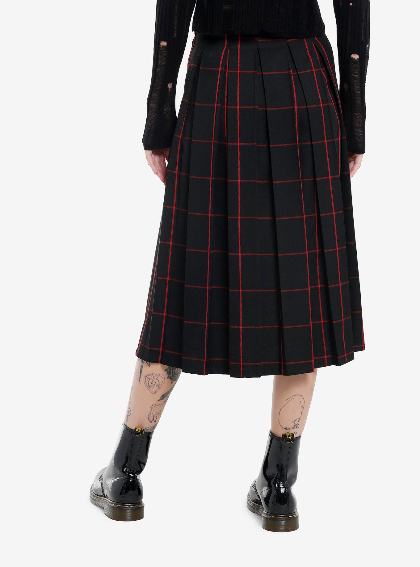 Social Collision Black & Red Windowpane Plaid Pleated Midi Skirt, RED, alternate