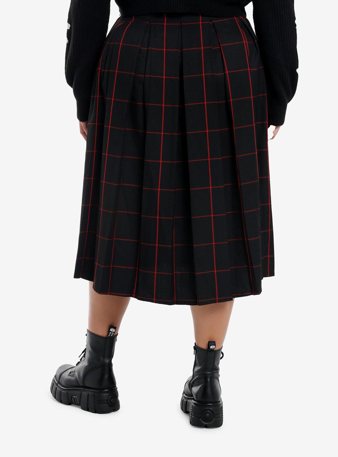 Social Collision Black & Red Windowpane Plaid Pleated Midi Skirt Plus Size, , hi-res