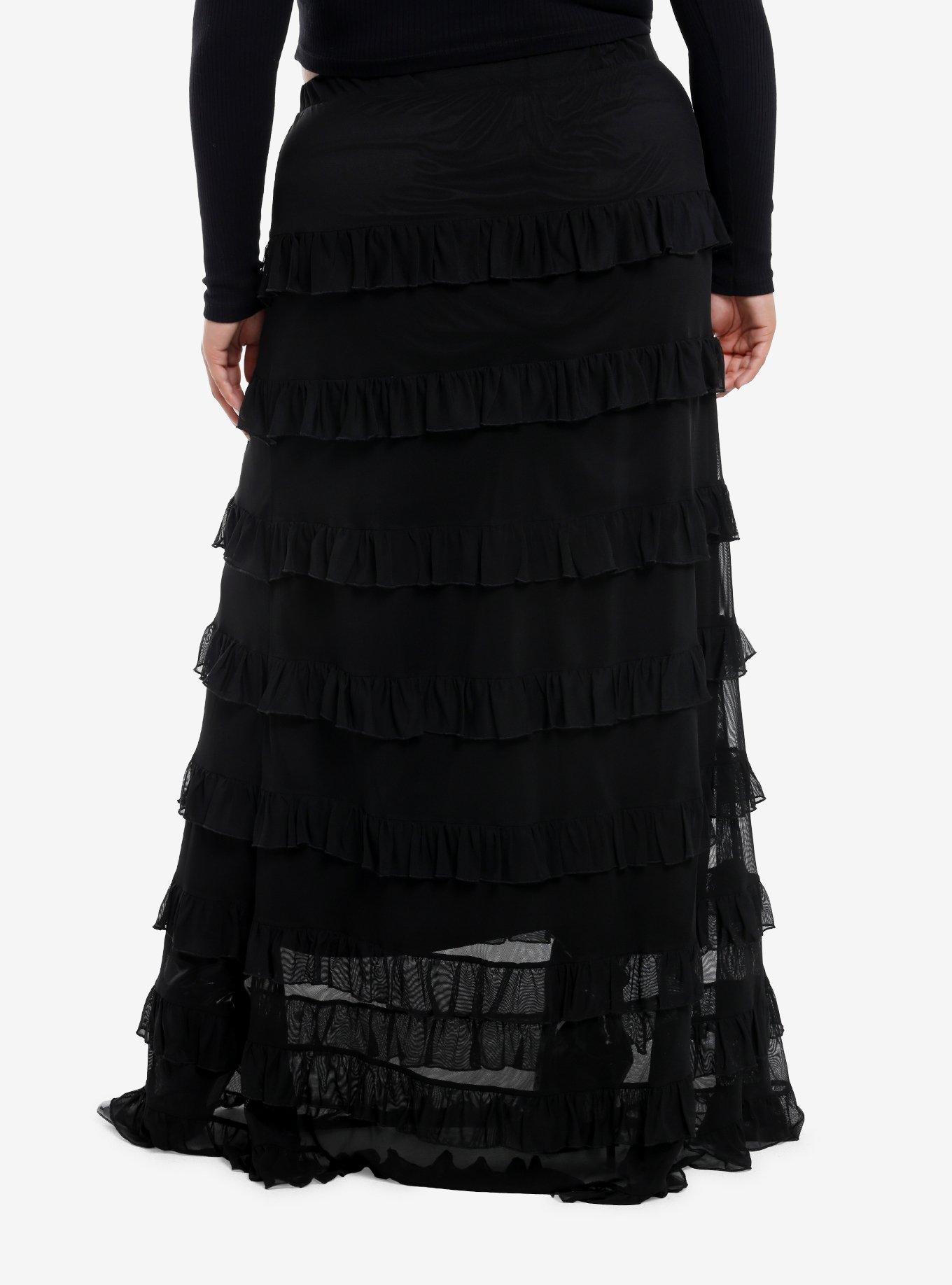 Social Collision Black Mesh Tiered Maxi Skirt Plus Size, , hi-res