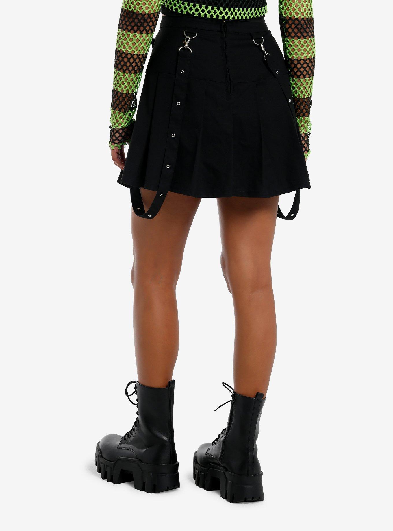 Social Collision Black Buckle Grommet Suspender Skirt, , hi-res