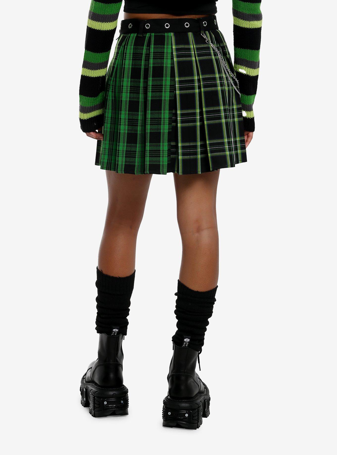 Social Collision Green Plaid Side Chain Skirt With Belt, , hi-res