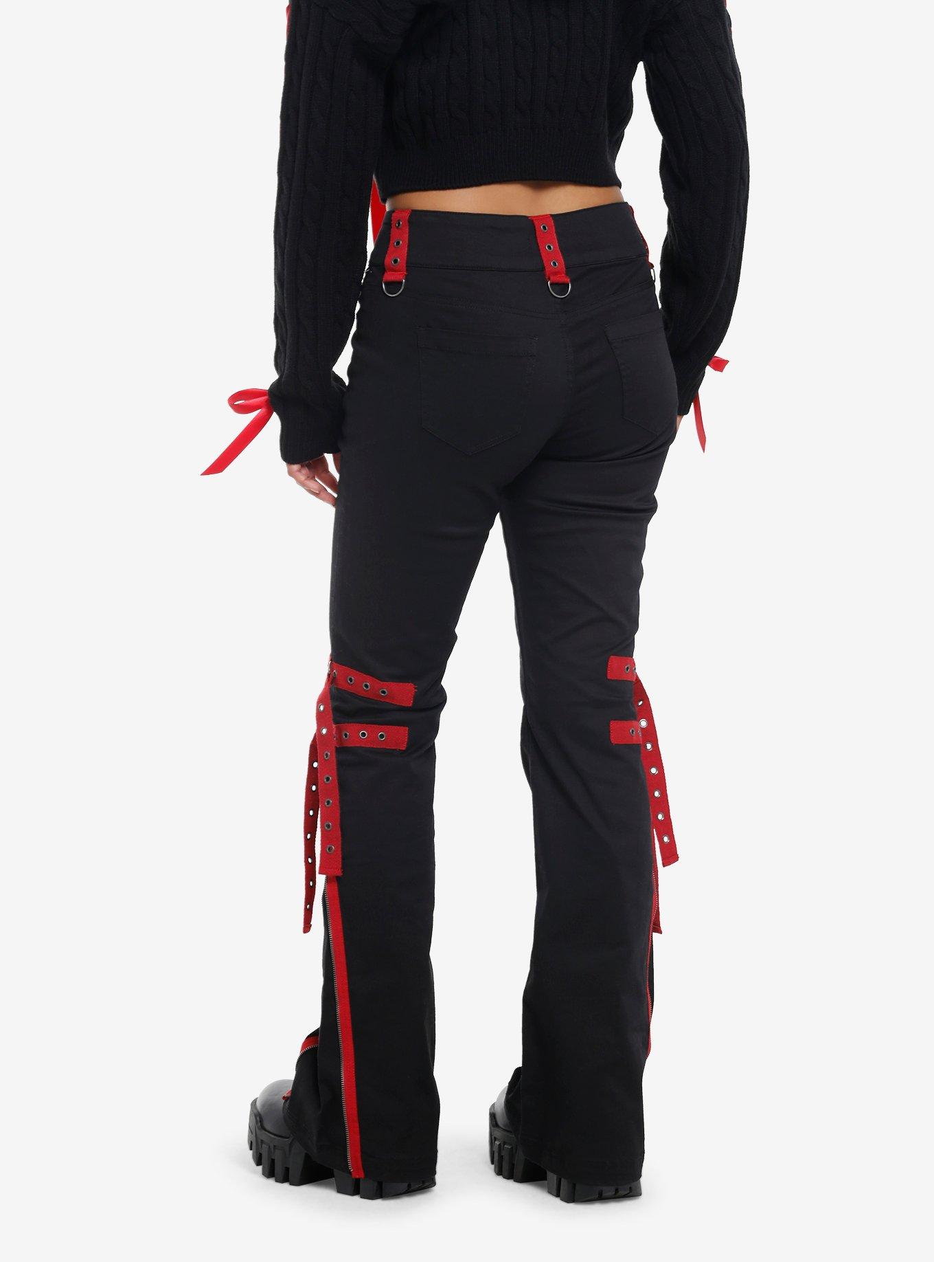 Black & Red Grommet Tape Zipper Pants, , hi-res