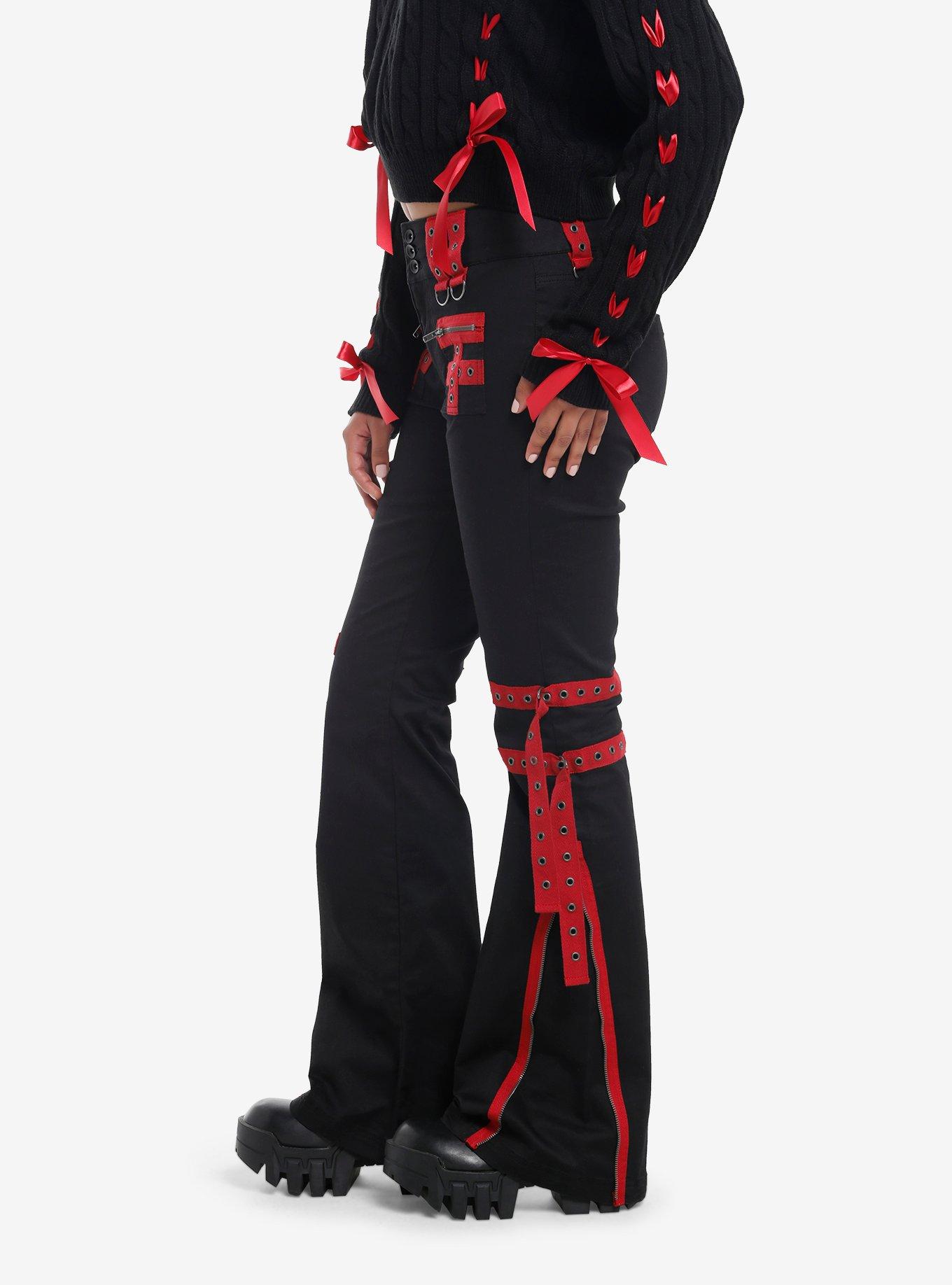 Black & Red Grommet Tape Zipper Pants, RED, alternate
