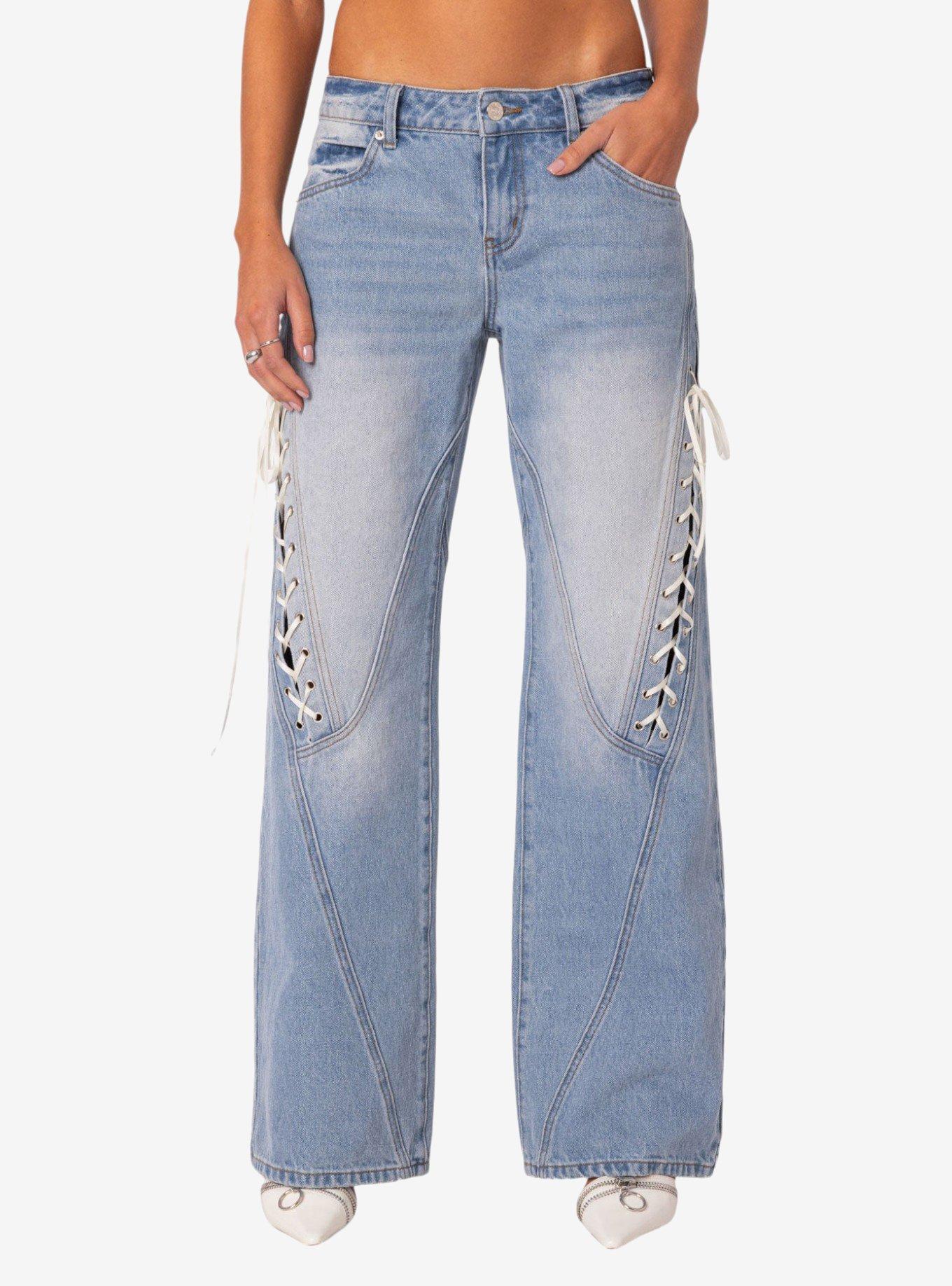 Edikted Low Rise Ribbon Lace Up Jeans, BLUE, alternate
