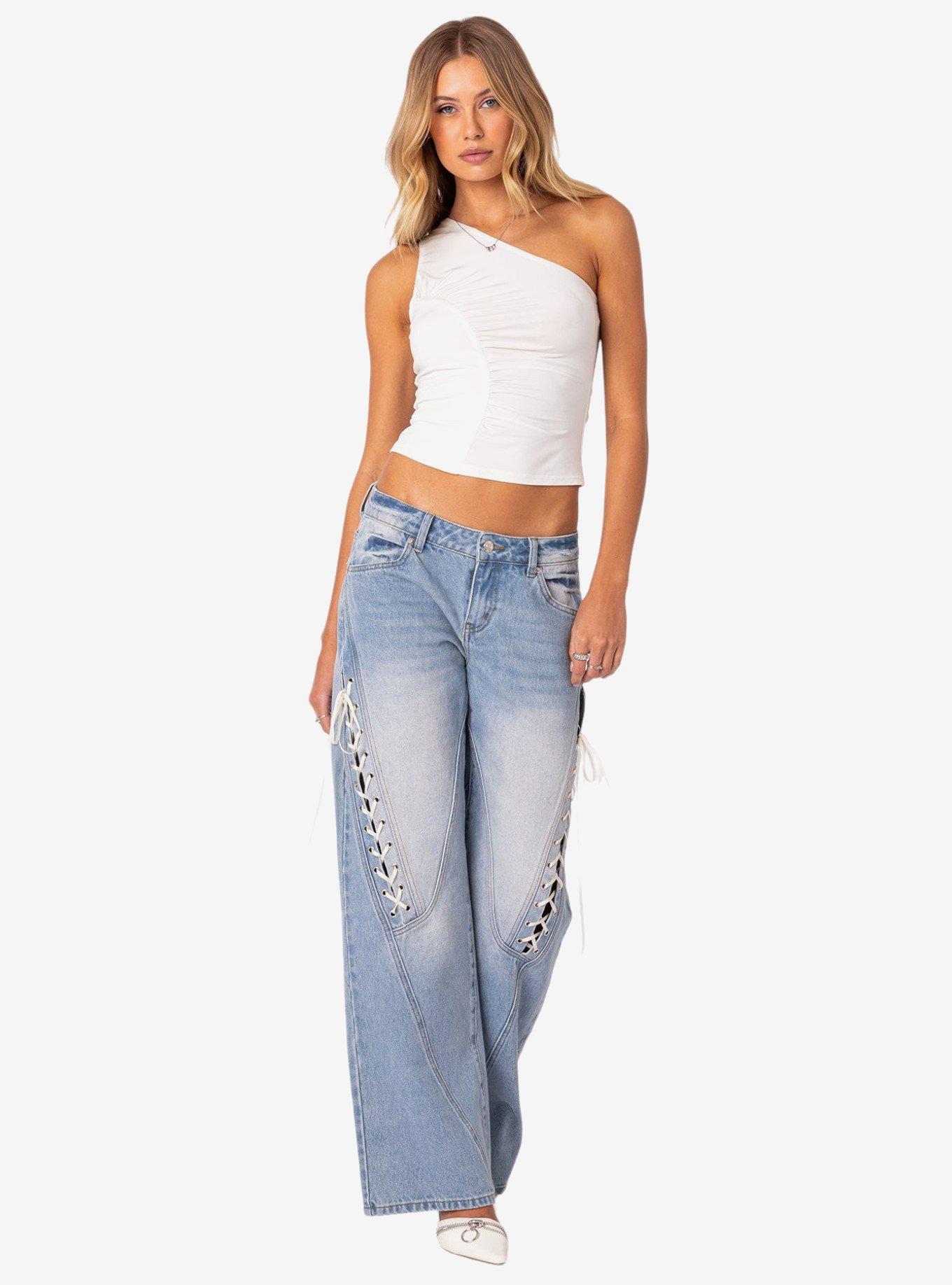 Edikted Low Rise Ribbon Lace Up Jeans, BLUE, alternate