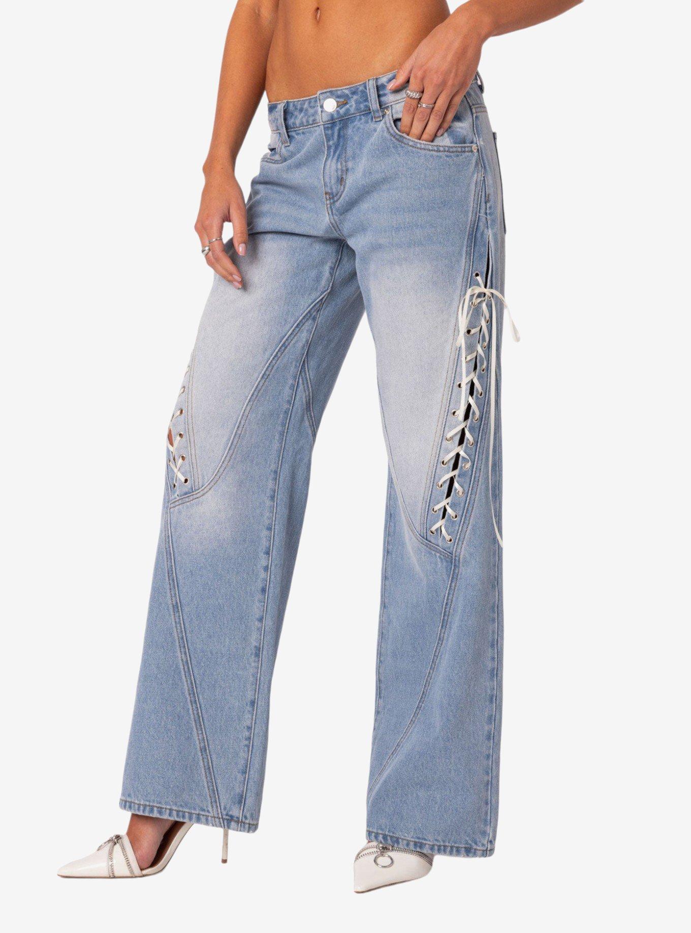Edikted Low Rise Ribbon Lace Up Jeans, BLUE, alternate