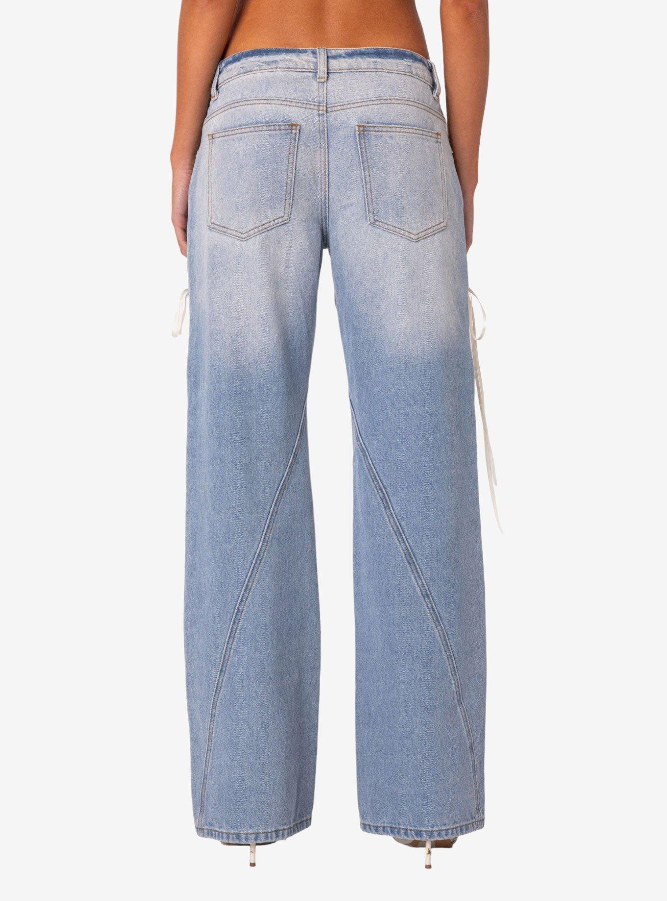 Edikted Low Rise Ribbon Lace Up Jeans, BLUE, alternate