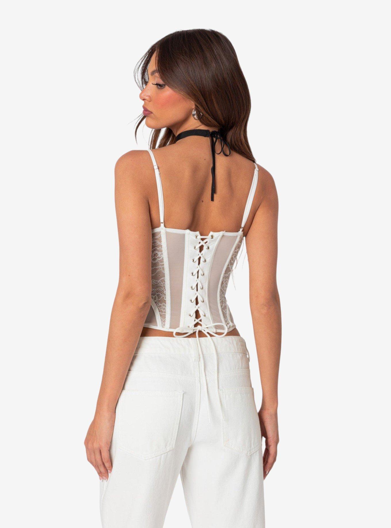 Edikted Becki Sheer Lace Cupped Corset Top, BRIGHT WHITE, alternate