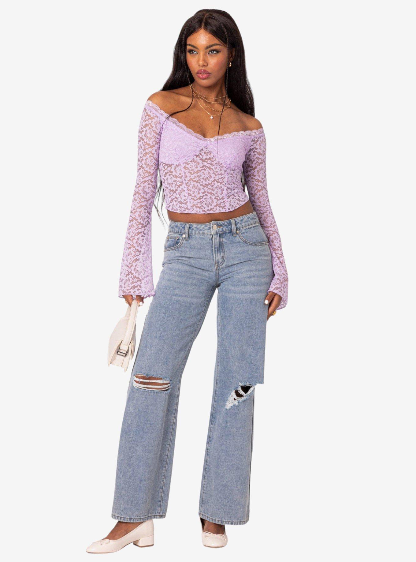 Linda Off Shoulder Sheer Lace Top, PURPLE, alternate - view 2