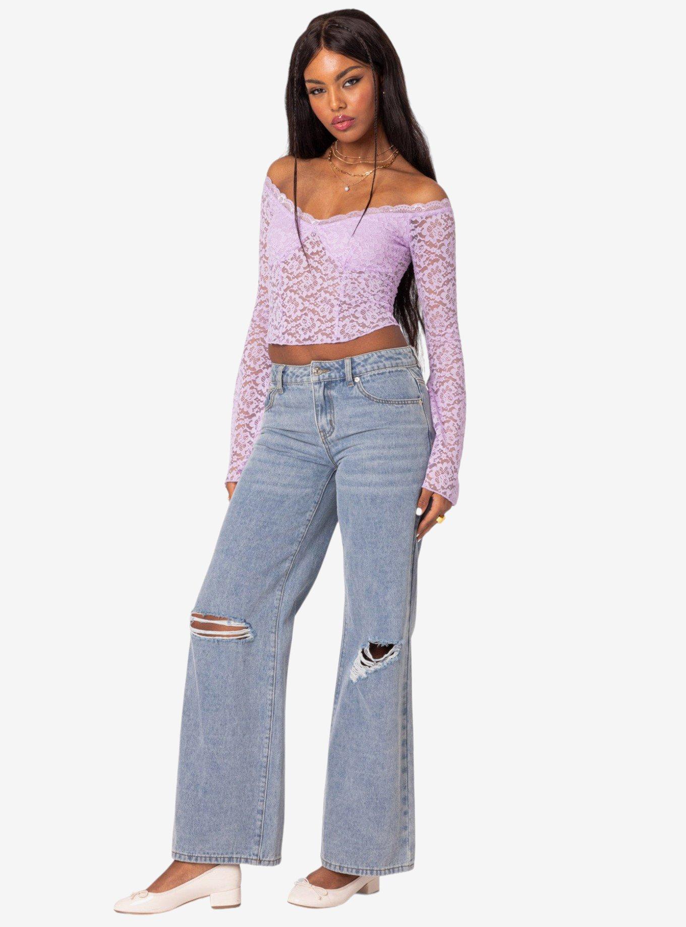 Linda Off Shoulder Sheer Lace Top, PURPLE, alternate - view 3