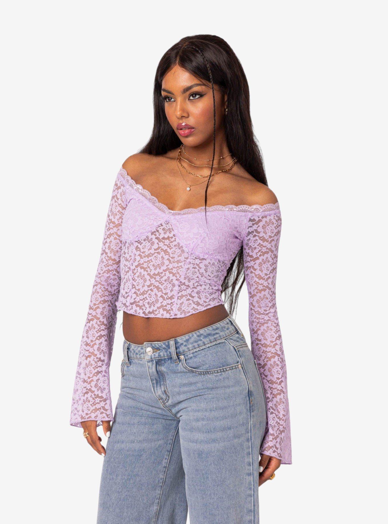 Linda Off Shoulder Sheer Lace Top, PURPLE, alternate - view 4