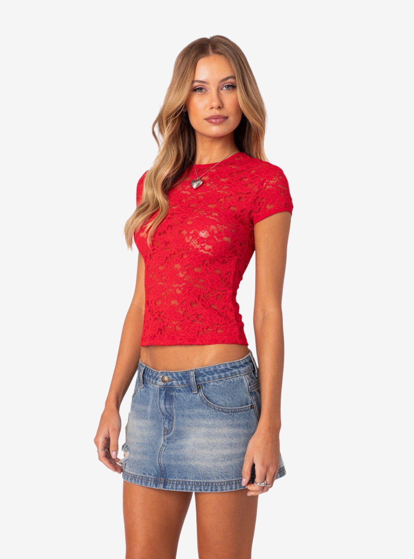 Edikted Kaori Sheer Lace Shirt, RED, alternate