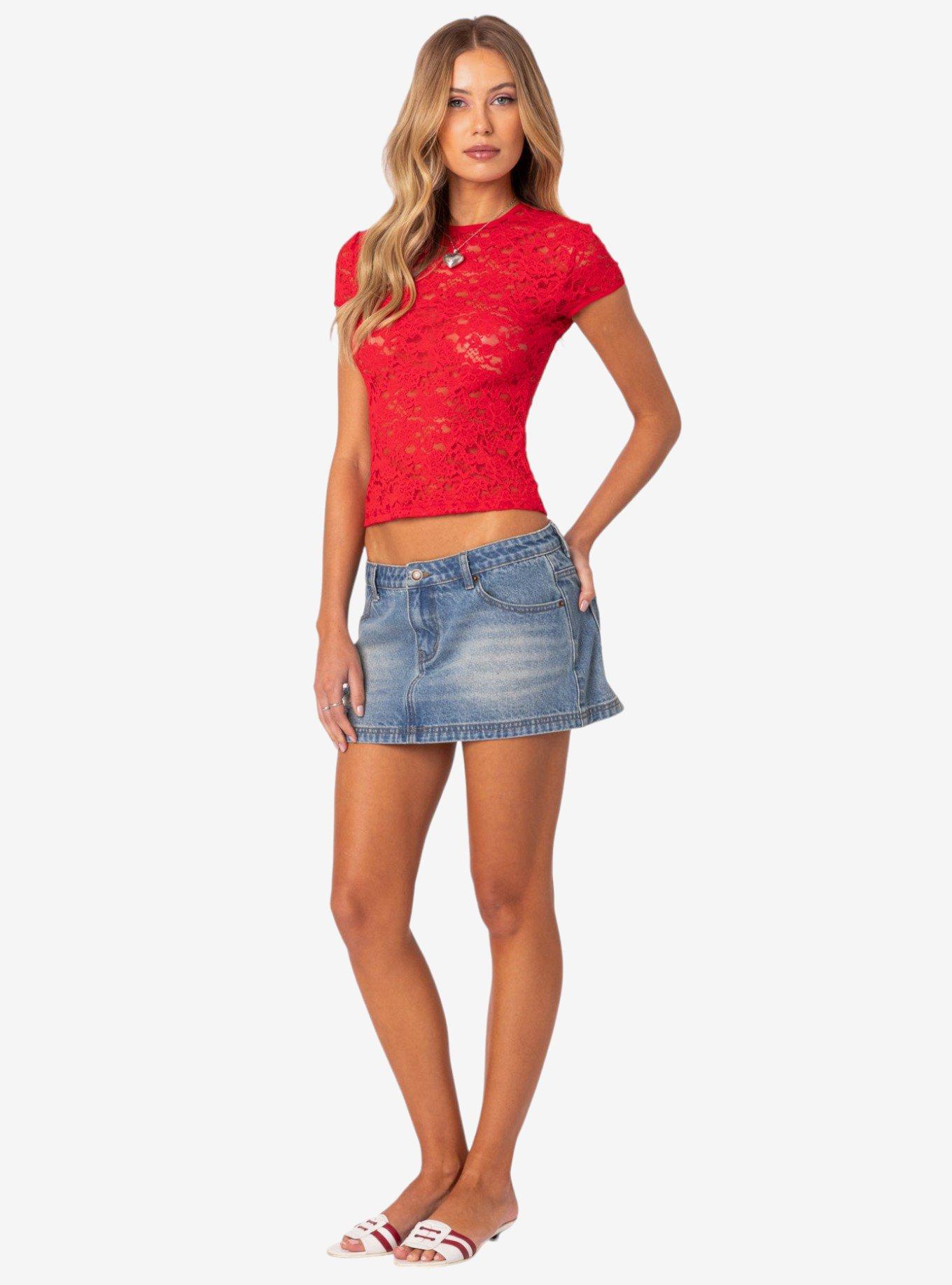 Edikted Kaori Sheer Lace Shirt, RED, alternate