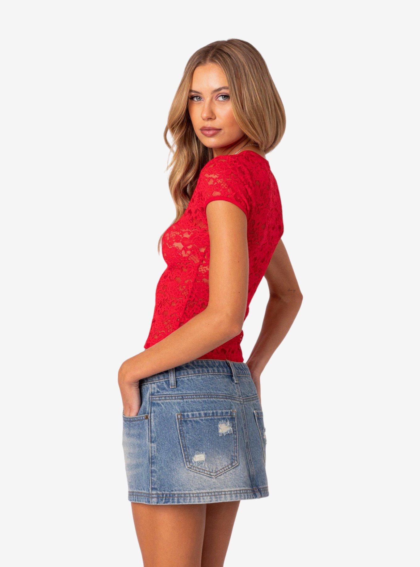 Edikted Kaori Sheer Lace Shirt, RED, alternate