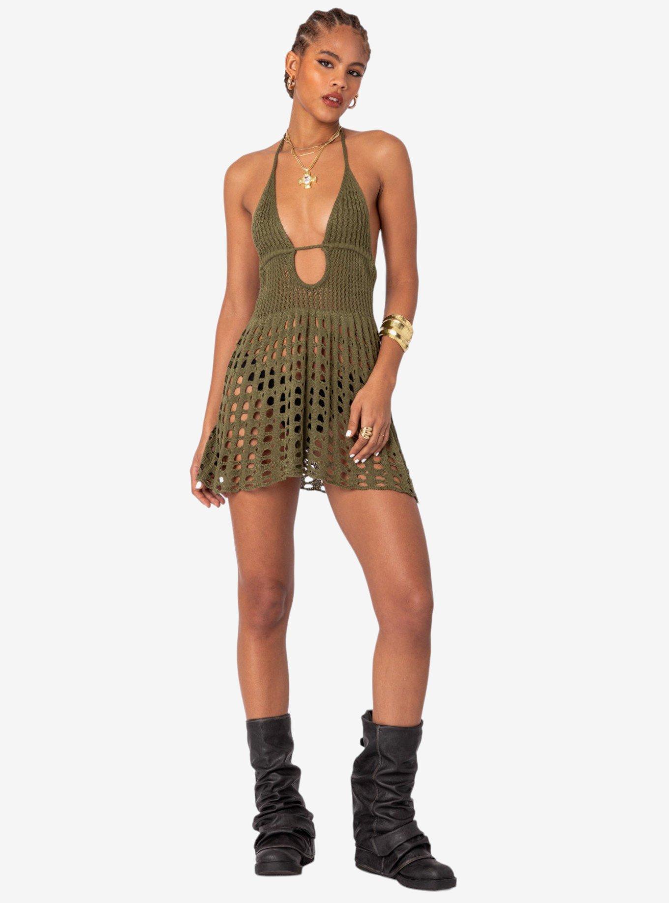 Austin Open Back Crochet Mini Dress, OLIVE, alternate