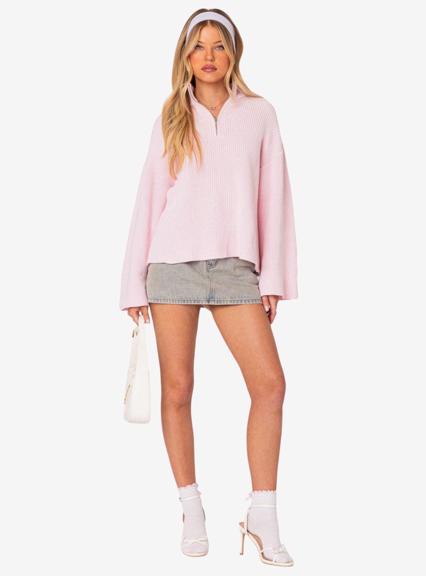 Edikted Amour High Neck Oversized Zip Sweater, PINK, alternate