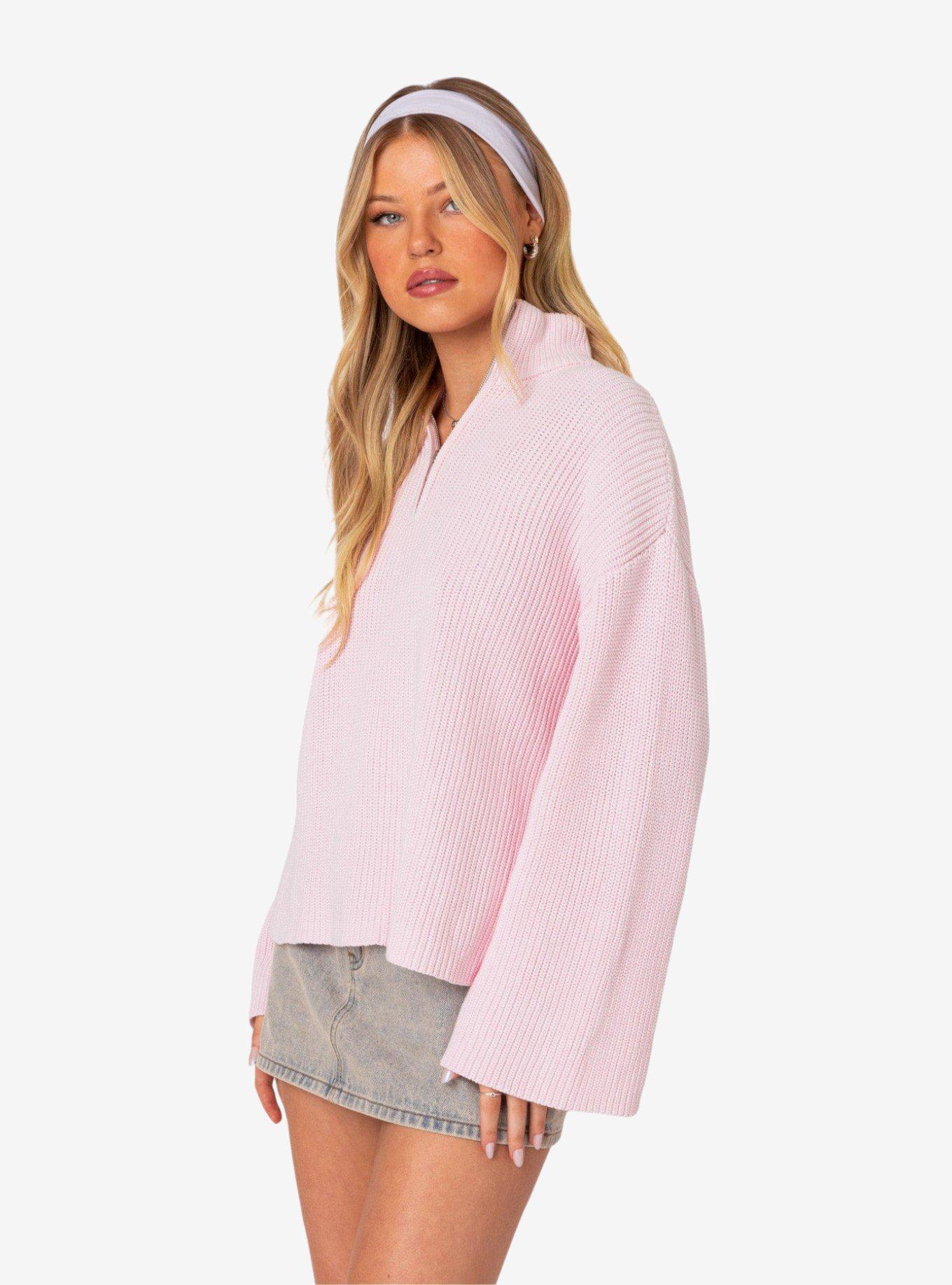Edikted Amour High Neck Oversized Zip Sweater, PINK, alternate