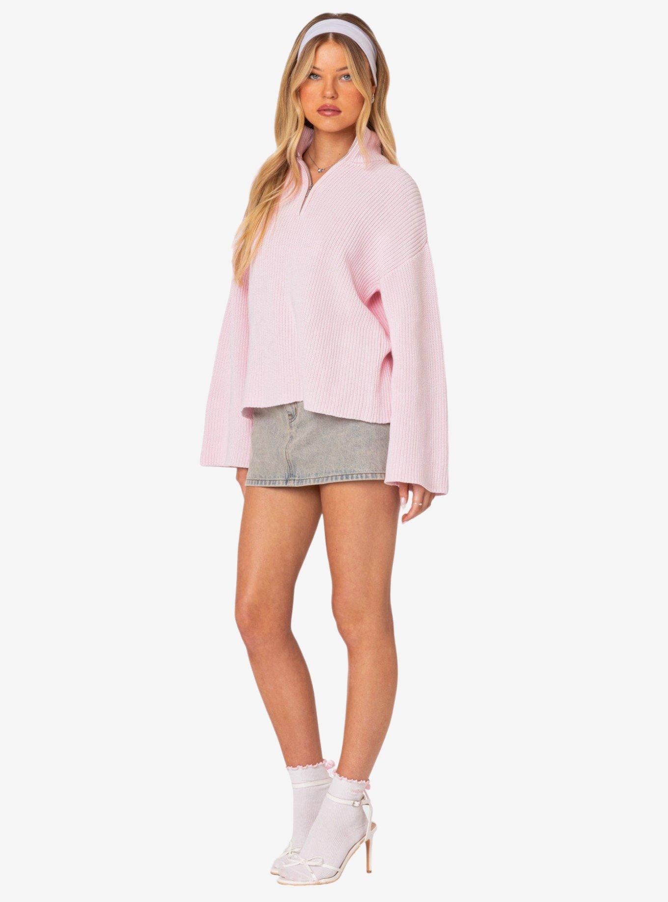 Edikted Amour High Neck Oversized Zip Sweater, PINK, alternate