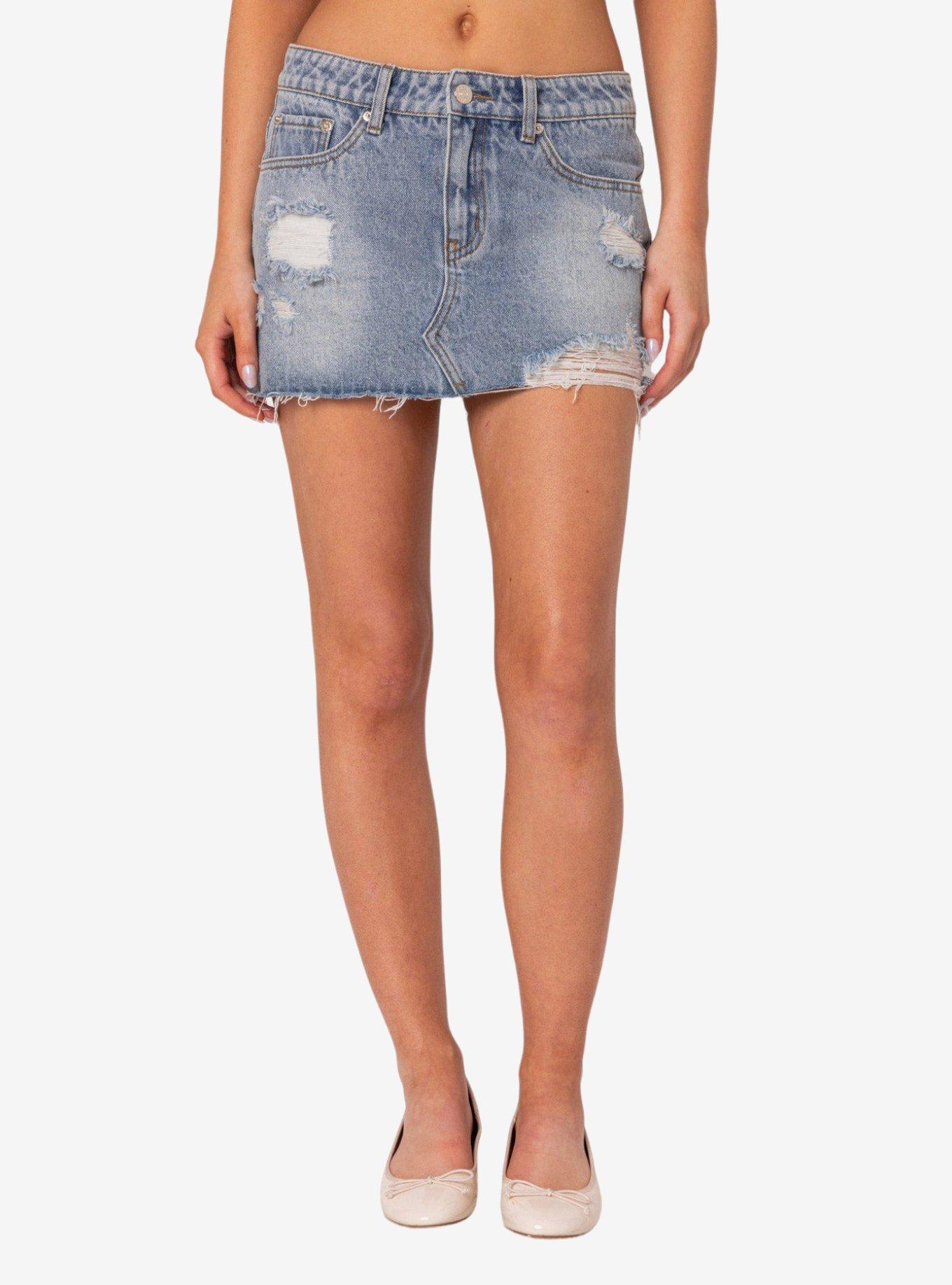 Ginnie Low Rise Distressed Denim Mini Skirt, BLUE, alternate