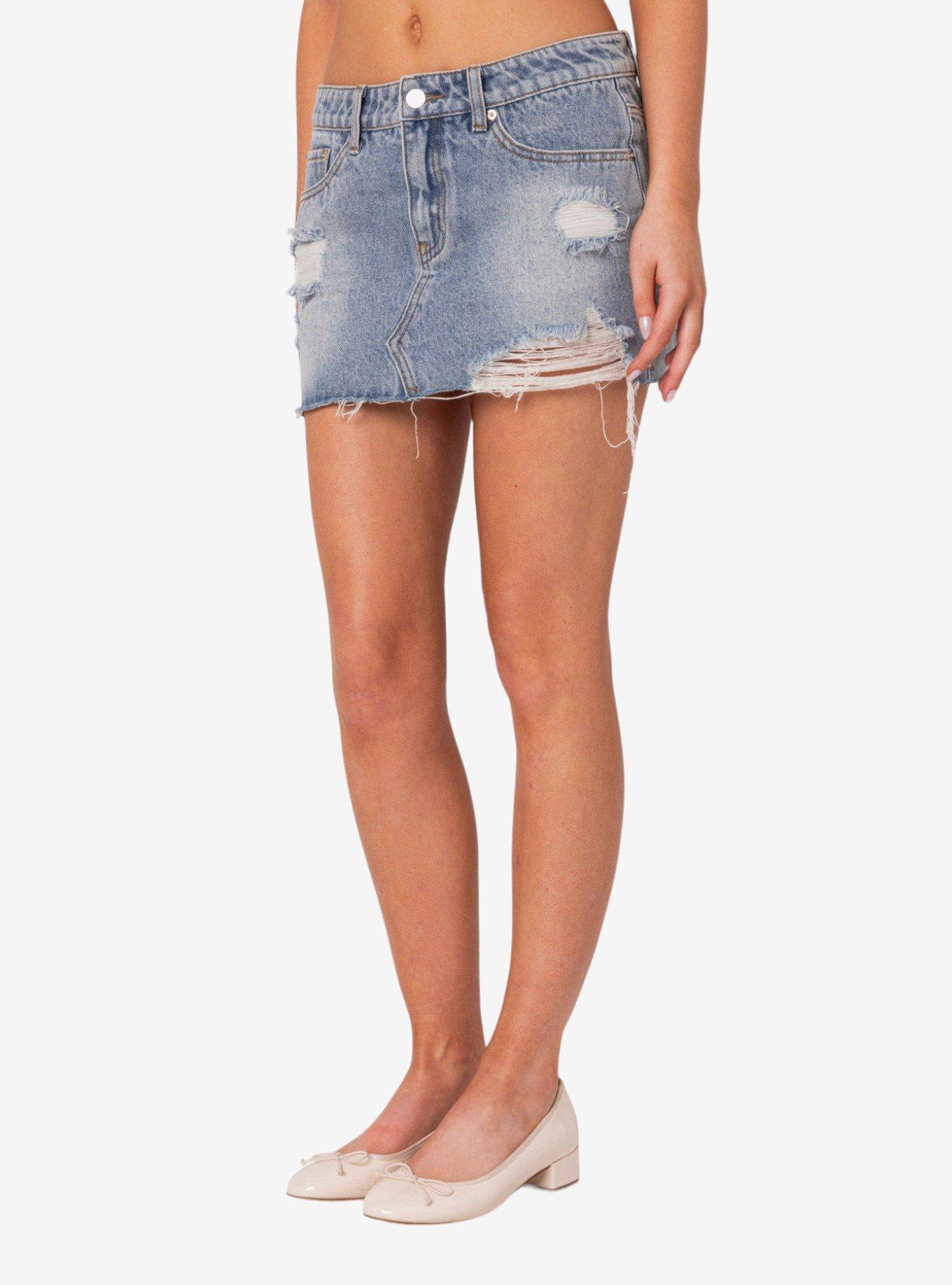 Ginnie Low Rise Distressed Denim Mini Skirt, BLUE, alternate