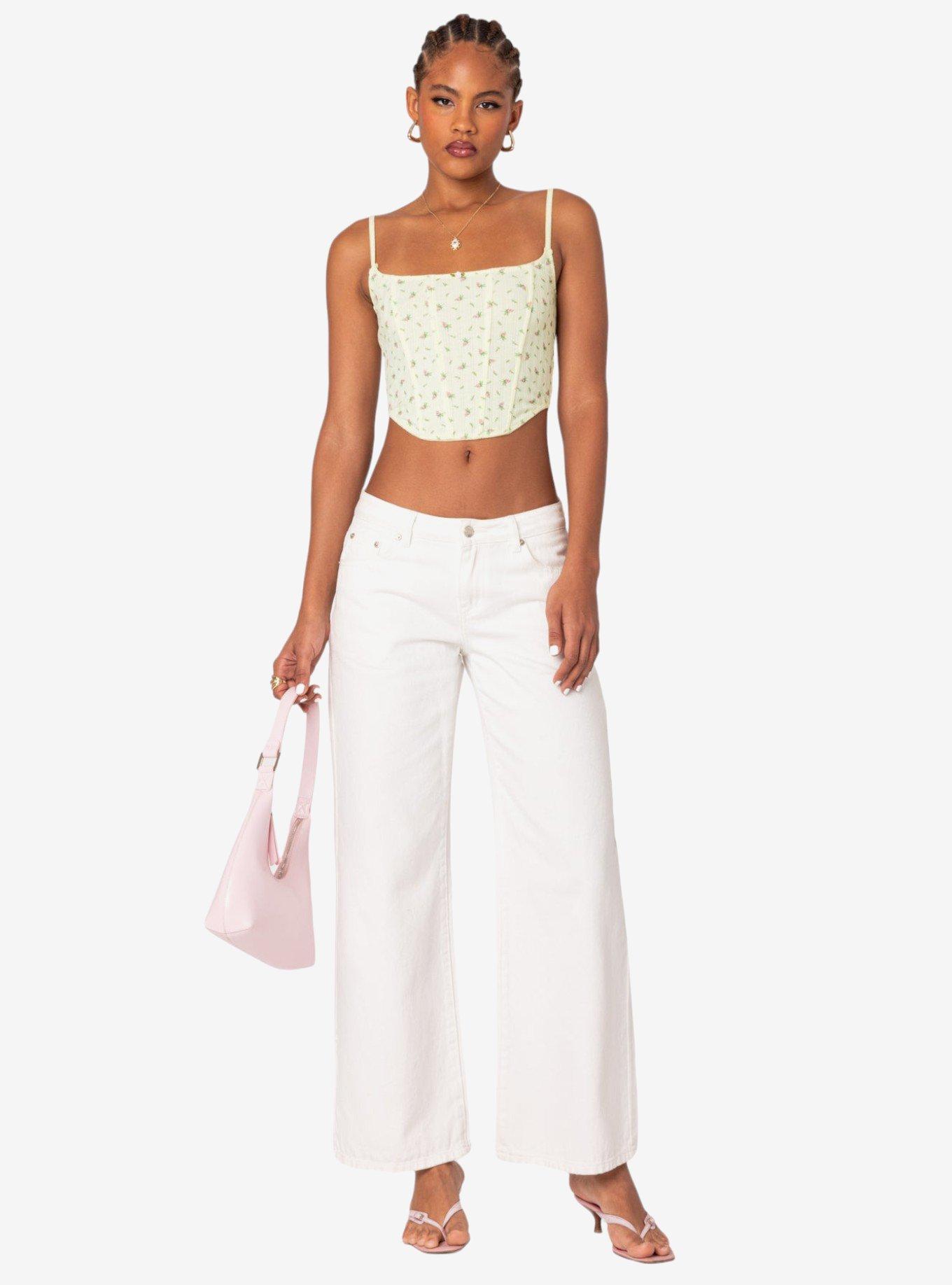 Rosey Printed Pointelle Corset Top, BRIGHT YELLOW, alternate