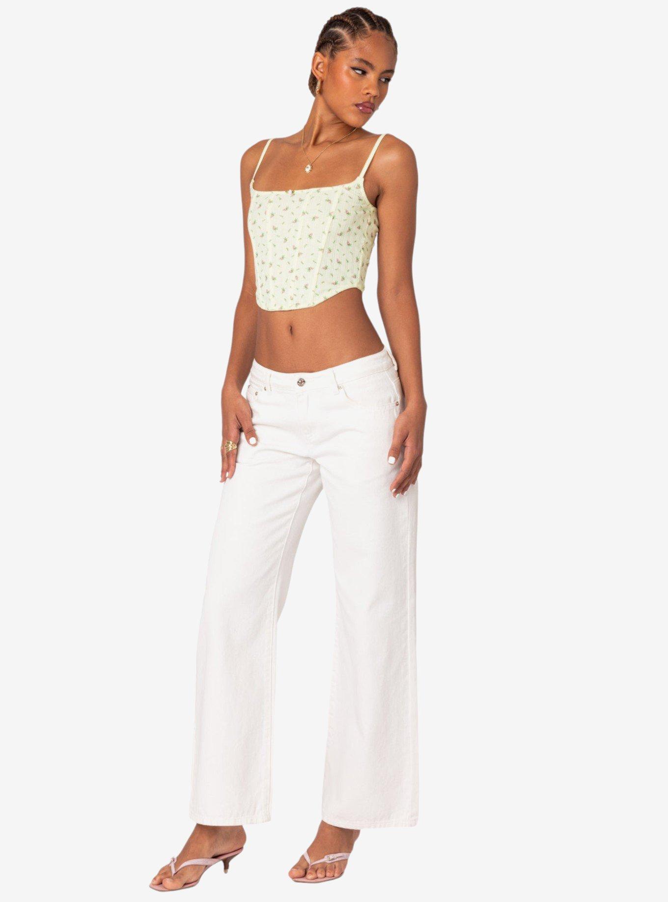Rosey Printed Pointelle Corset Top, BRIGHT YELLOW, alternate