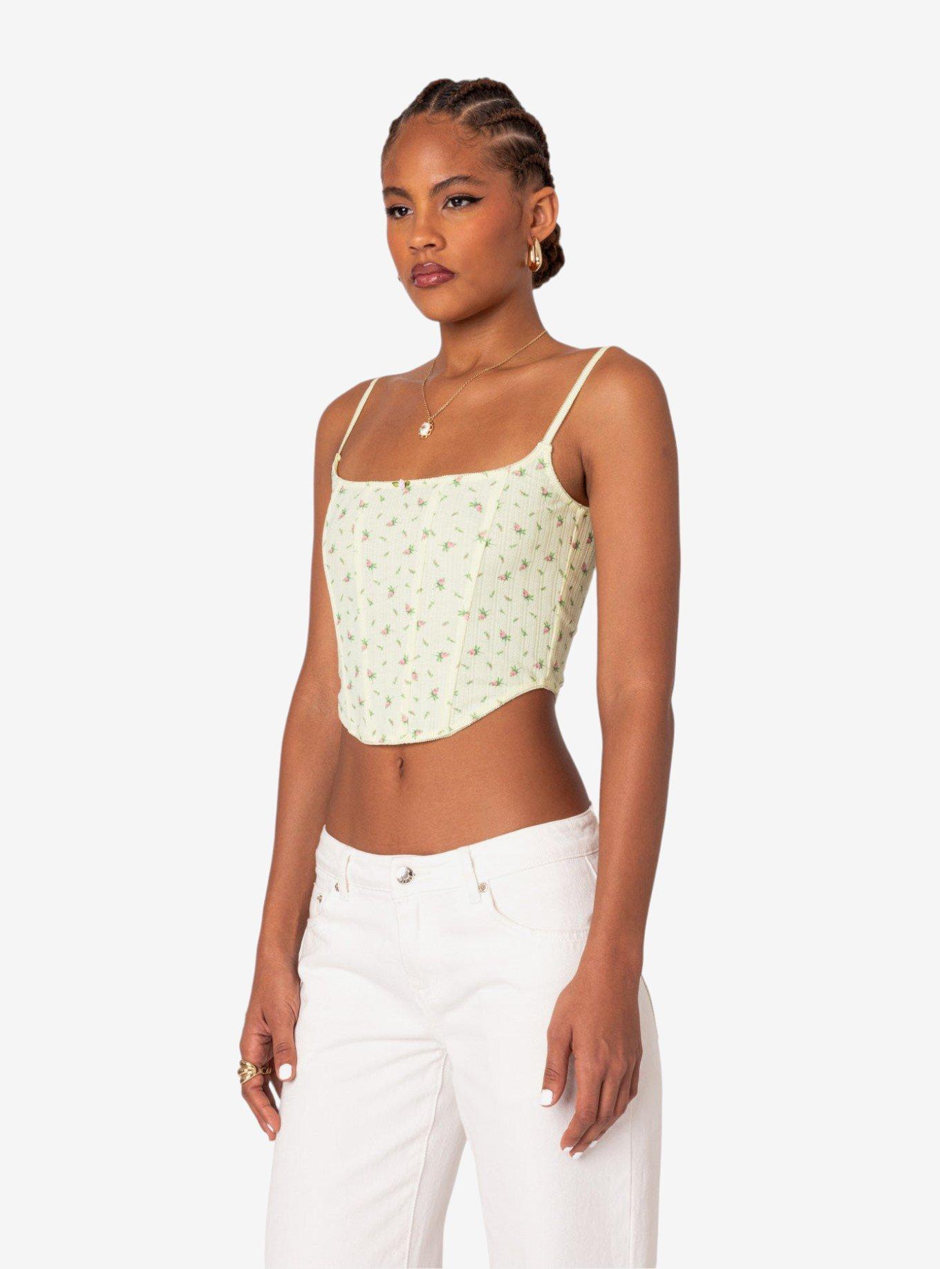 Rosey Printed Pointelle Corset Top, BRIGHT YELLOW, alternate