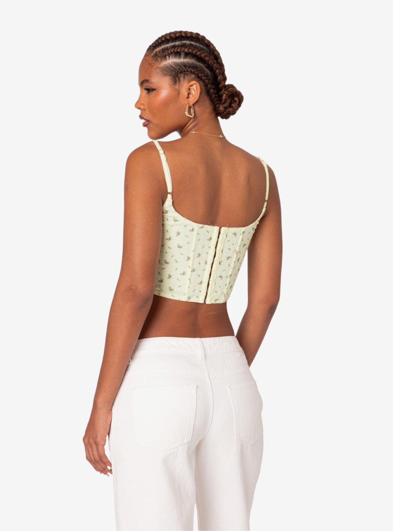 Rosey Printed Pointelle Corset Top, BRIGHT YELLOW, alternate