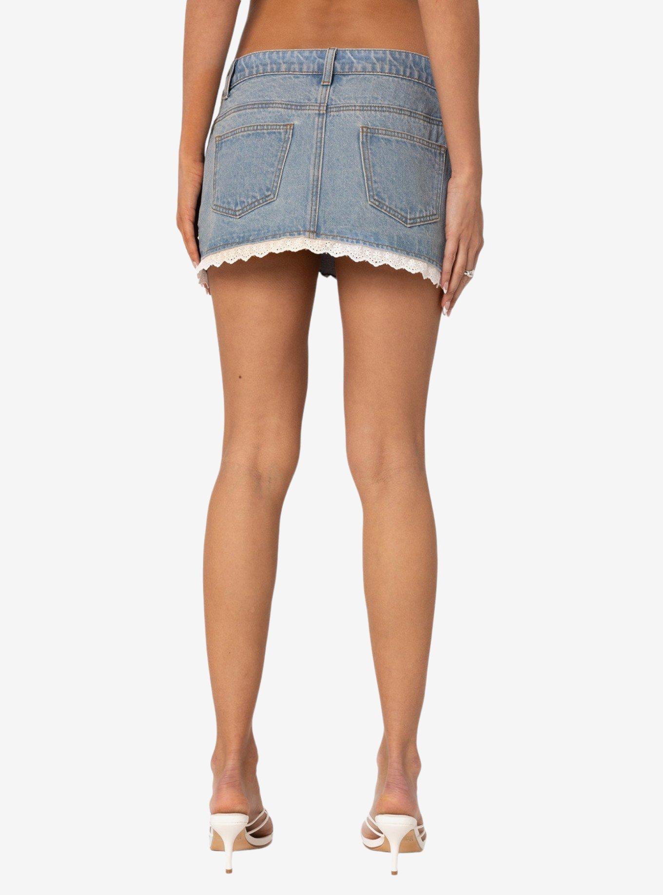 Edikted Eyelet Lace Up Denim Mini Skirt, BLUE, alternate