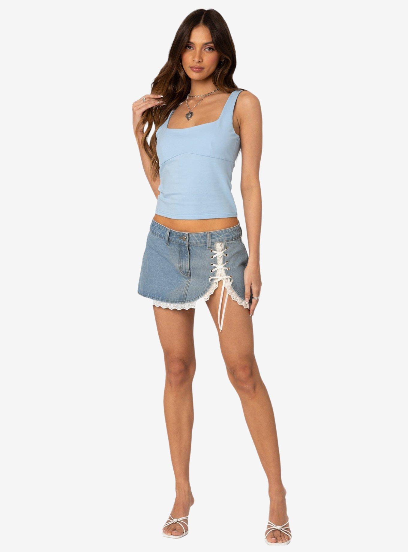 Edikted Eyelet Lace Up Denim Mini Skirt, BLUE, alternate