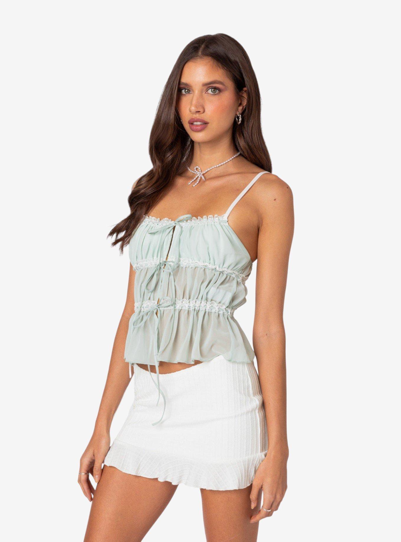 Addy Tie Front Sheer Chiffon Top, GREEN, alternate