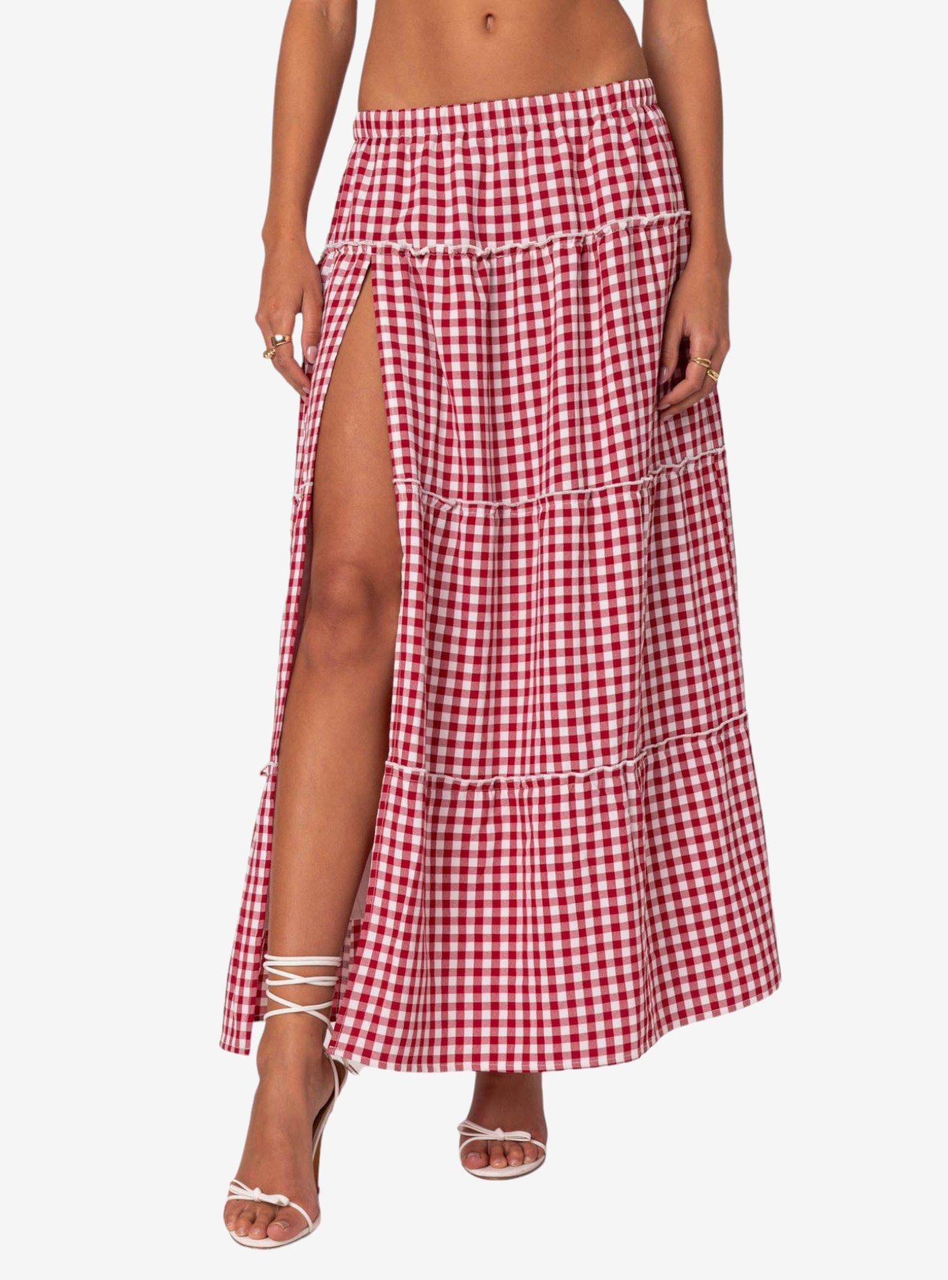 Edikted Gingham Side Slit Tiered Maxi Skirt, RED, alternate