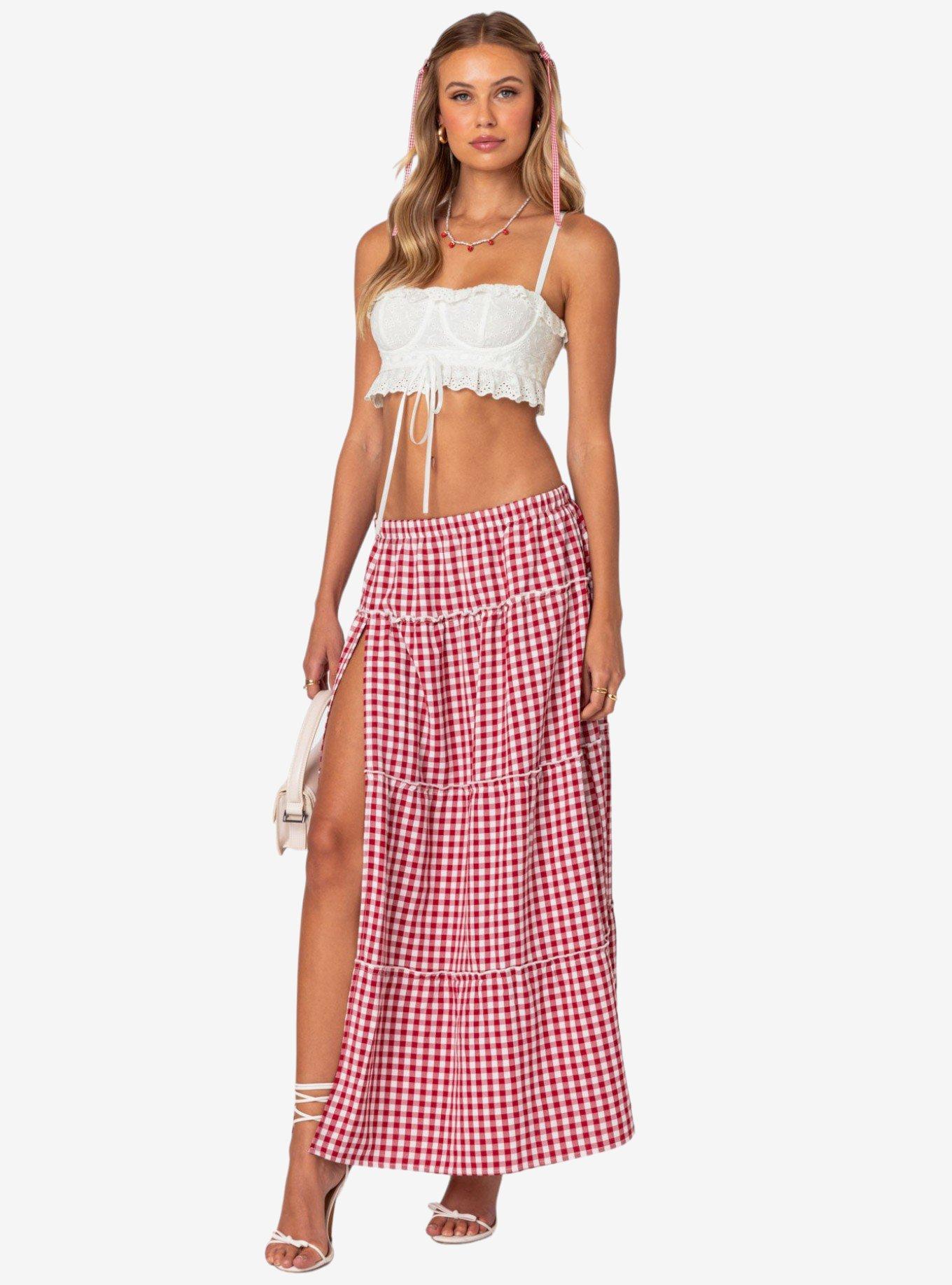 Edikted Gingham Side Slit Tiered Maxi Skirt, RED, alternate