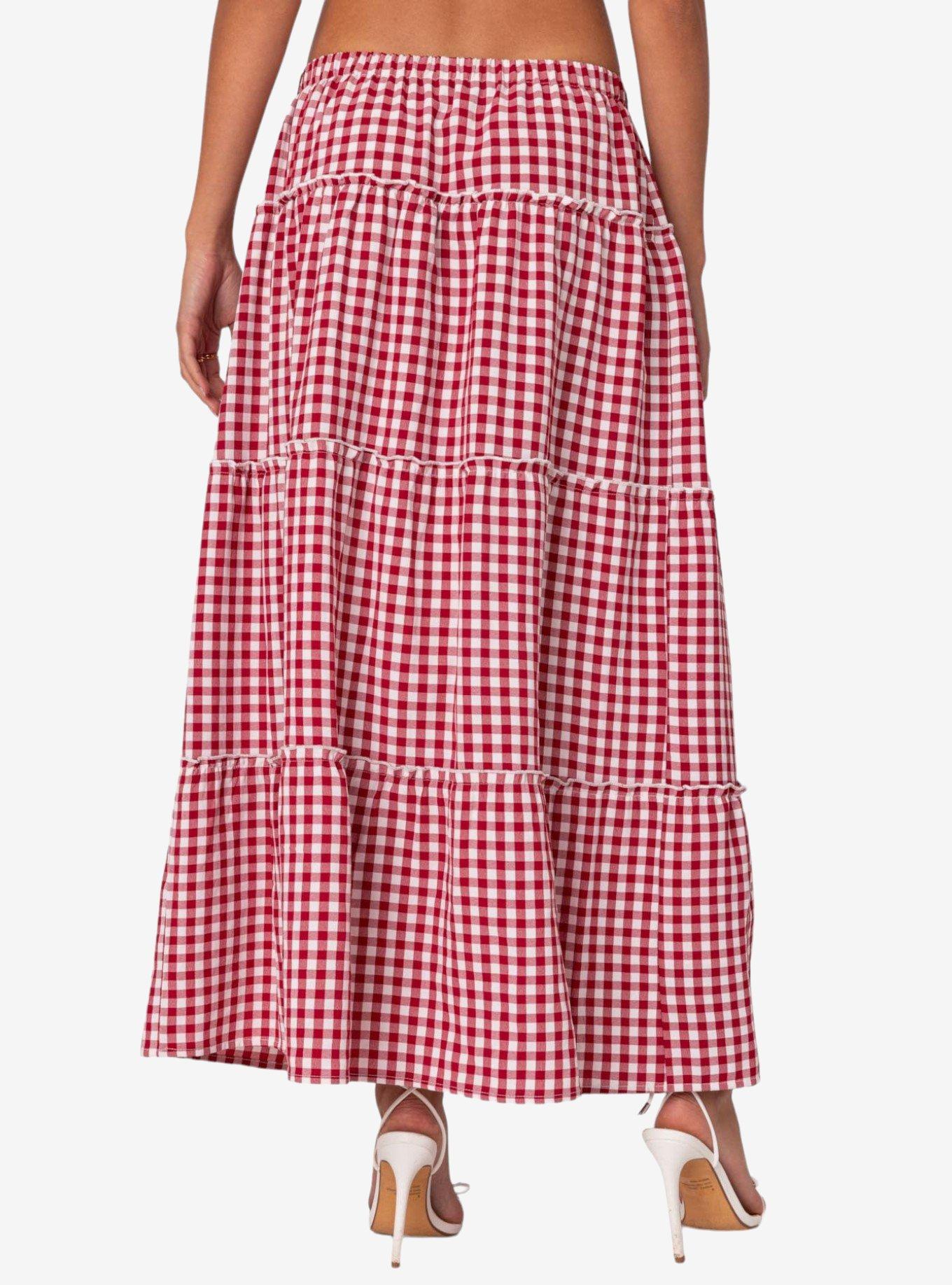 Edikted Gingham Side Slit Tiered Maxi Skirt, RED, alternate