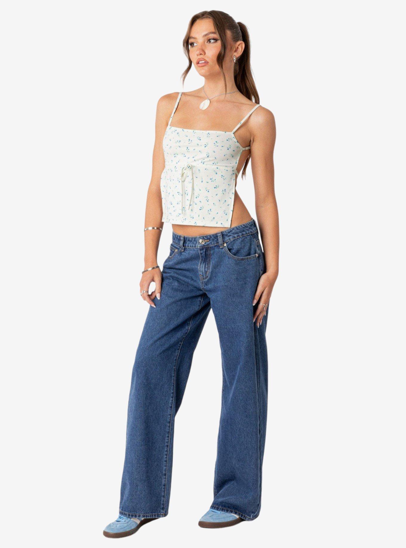 Edikted Raelynn Blue Washed Low Rise Jeans, BLUE, alternate