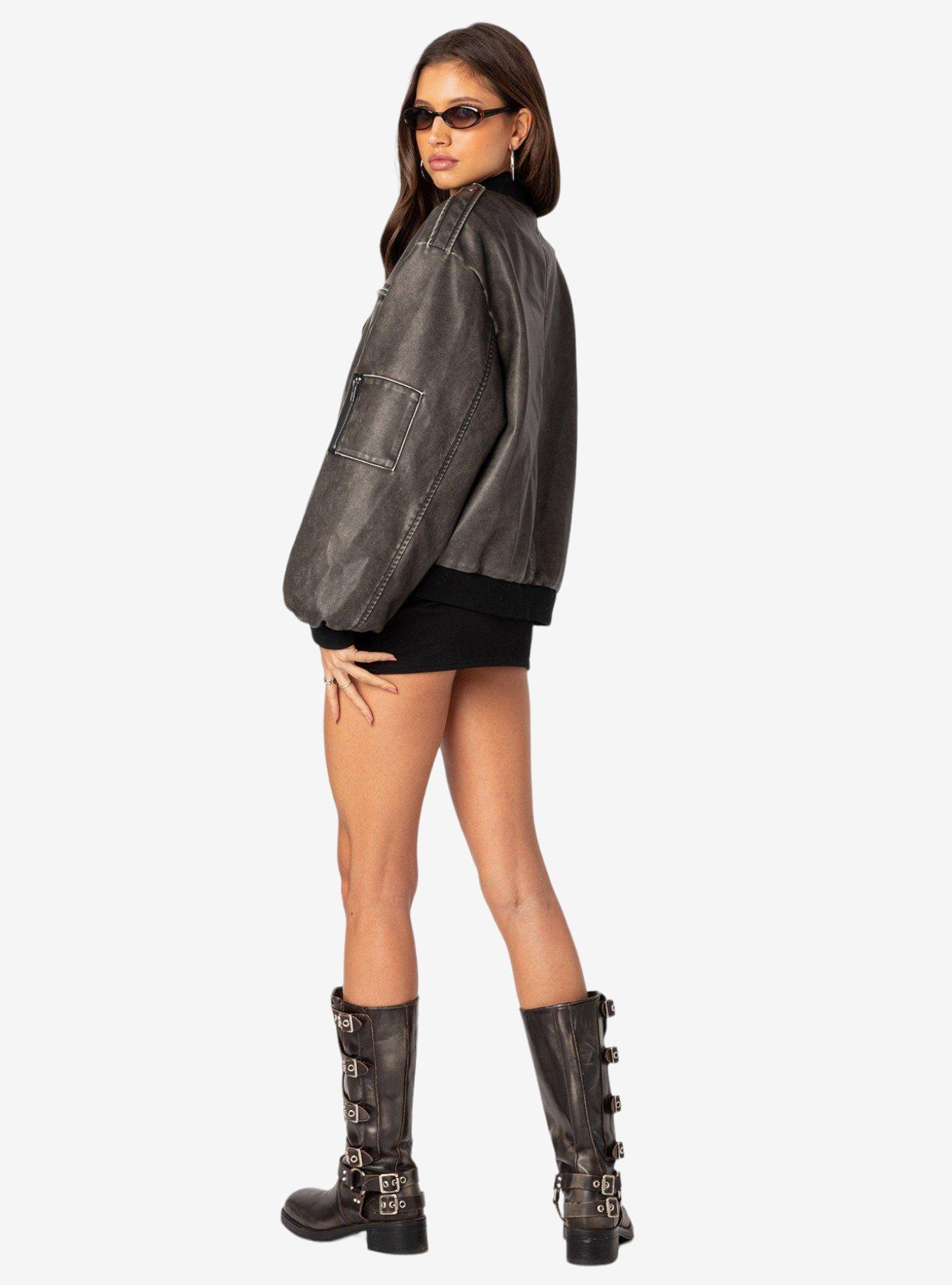 Vava Washed Faux Leather Bomber Jacket, GREY, alternate