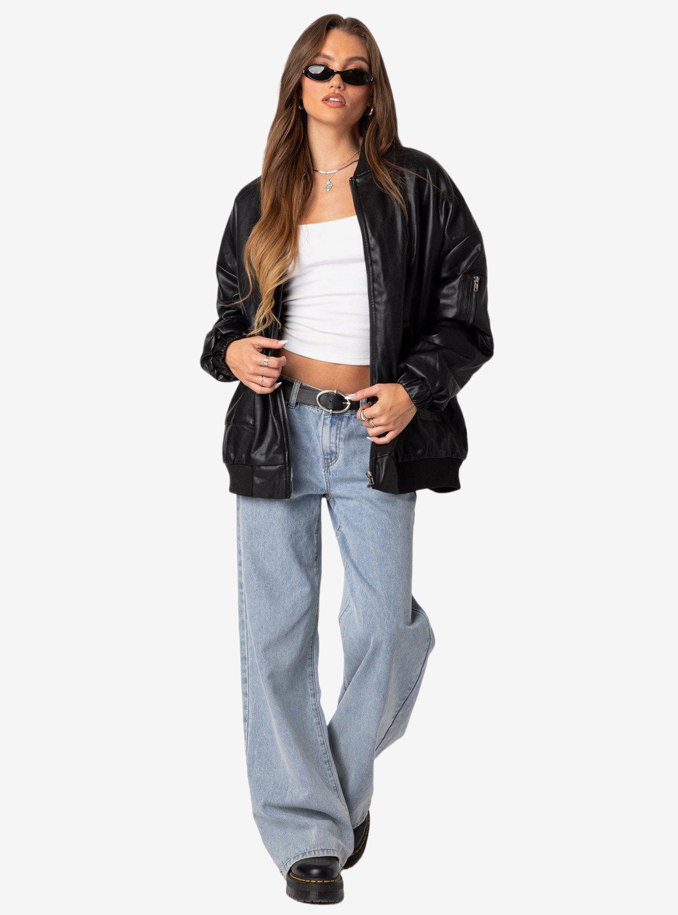 Faux Leather Oversized Bomber Jacket, BLACK, alternate