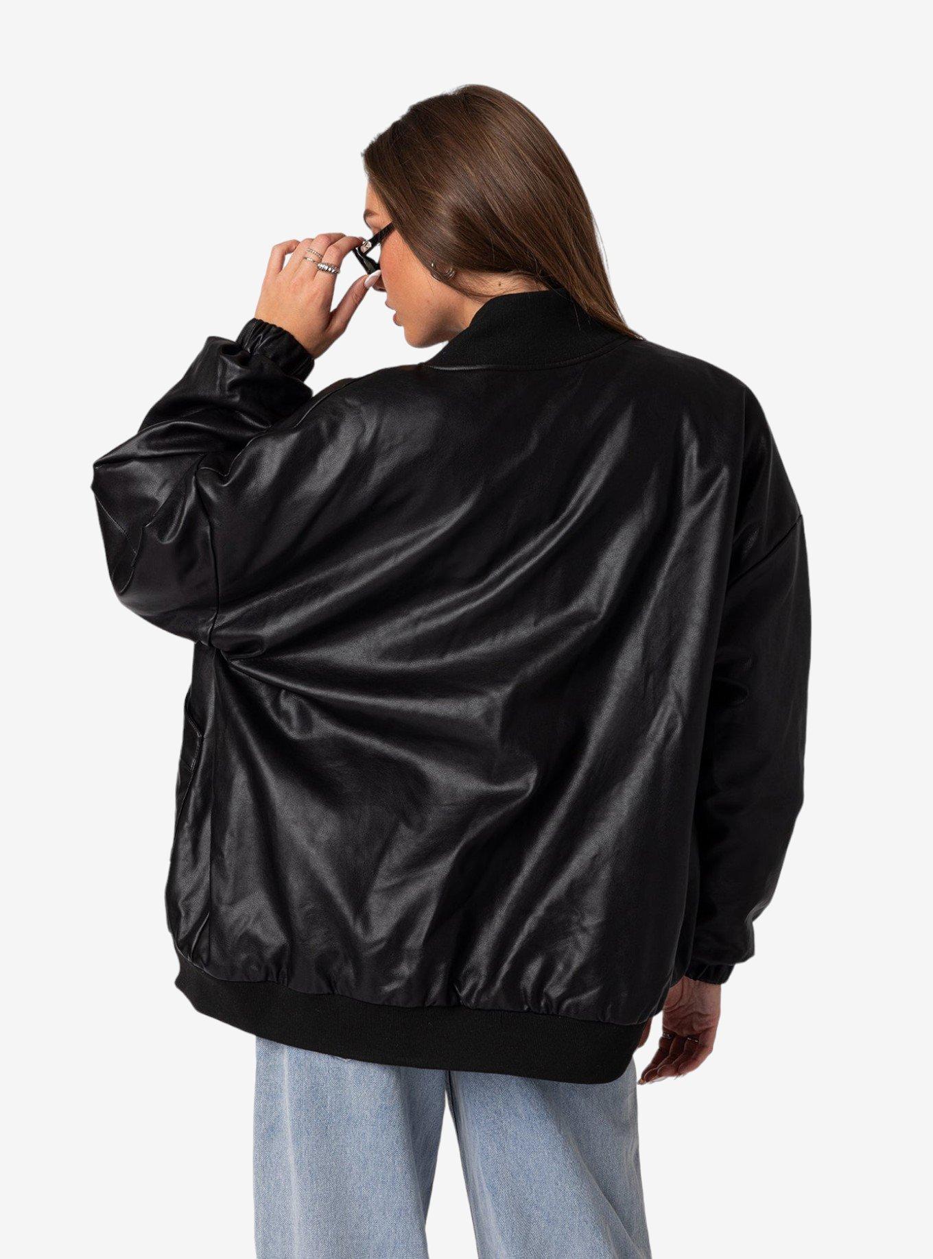 Faux Leather Oversized Bomber Jacket, BLACK, alternate