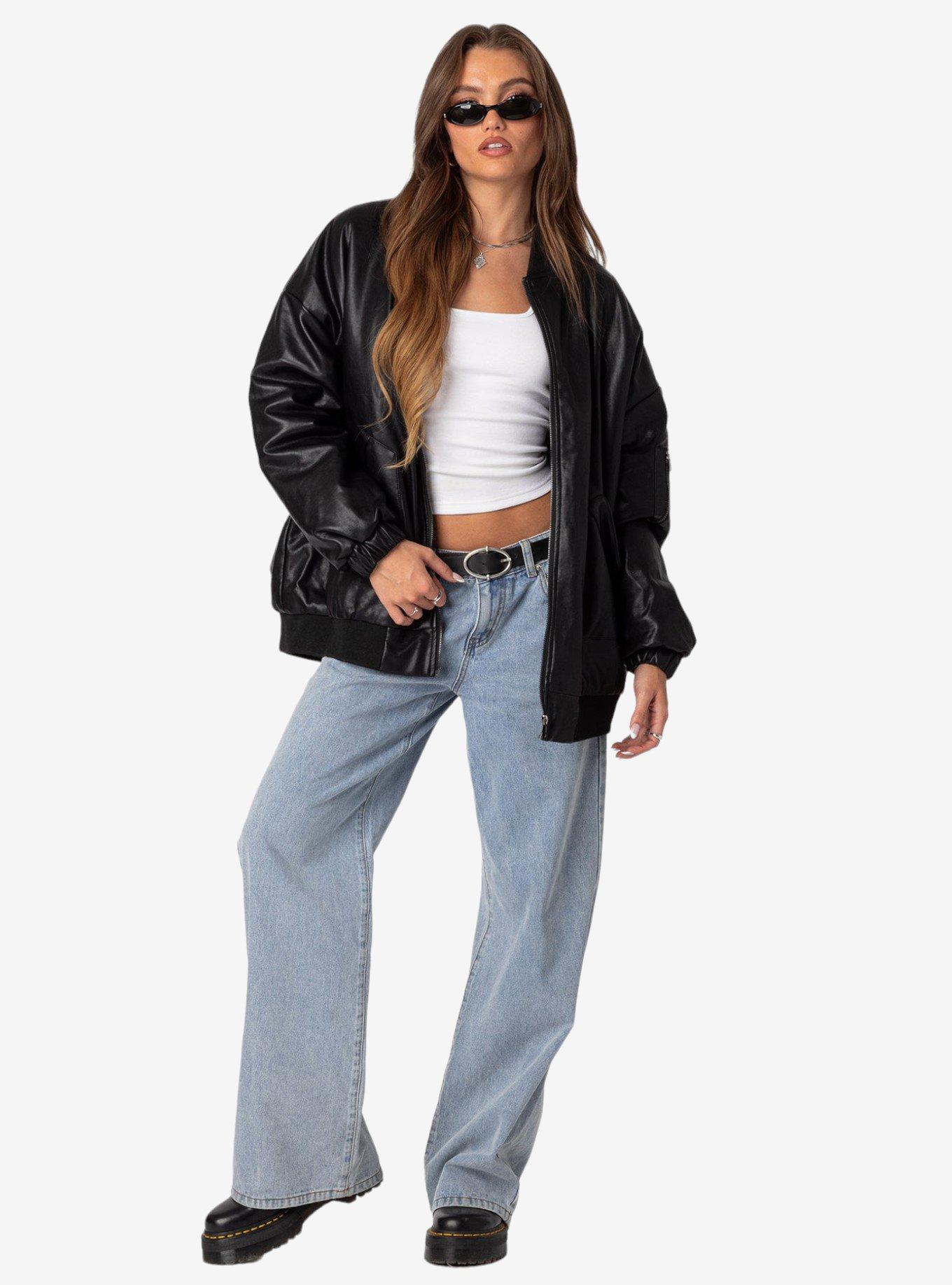 Faux Leather Oversized Bomber Jacket, BLACK, alternate