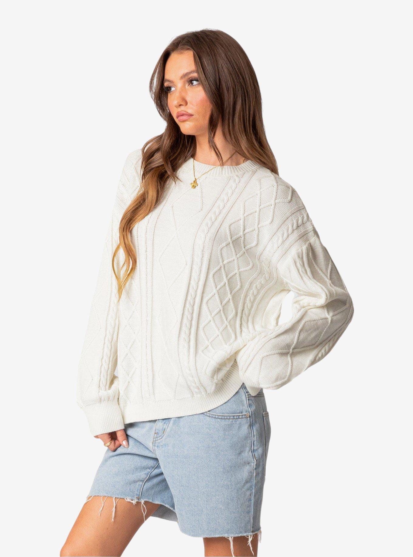 Edikted Jessy Cable Knit Oversized Sweater, IVORY, alternate