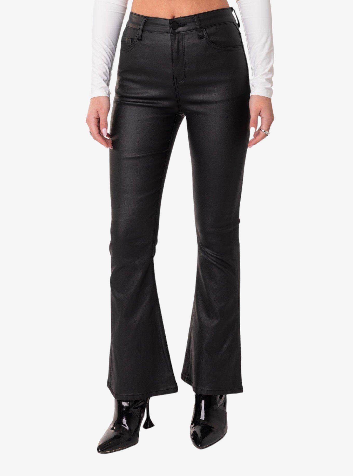 Edikted Petite Luna Faux Leather Flare Jeans, BLACK, alternate