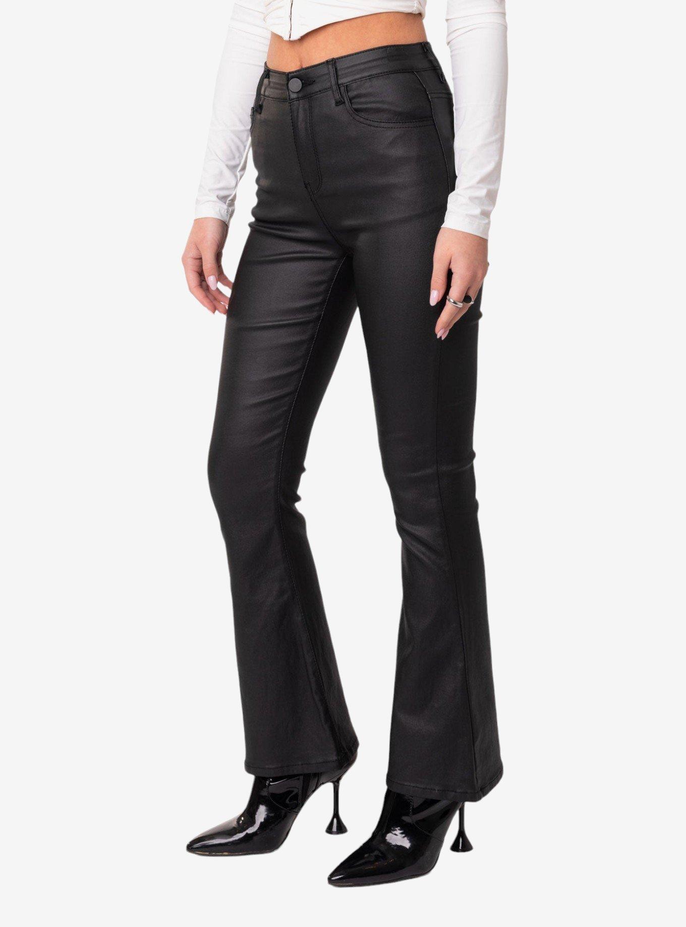 Edikted Petite Luna Faux Leather Flare Jeans, BLACK, alternate