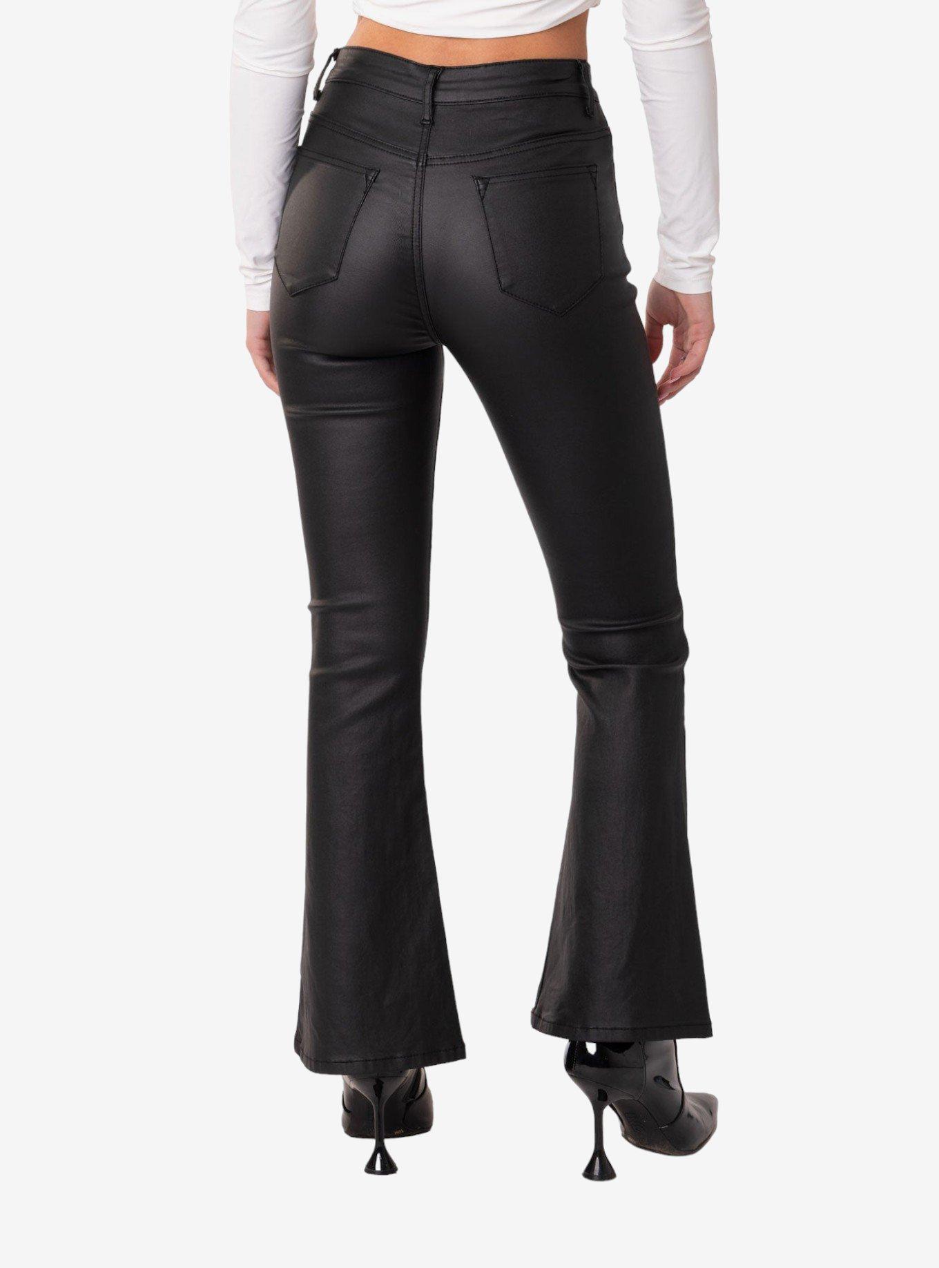 Edikted Petite Luna Faux Leather Flare Jeans, BLACK, alternate