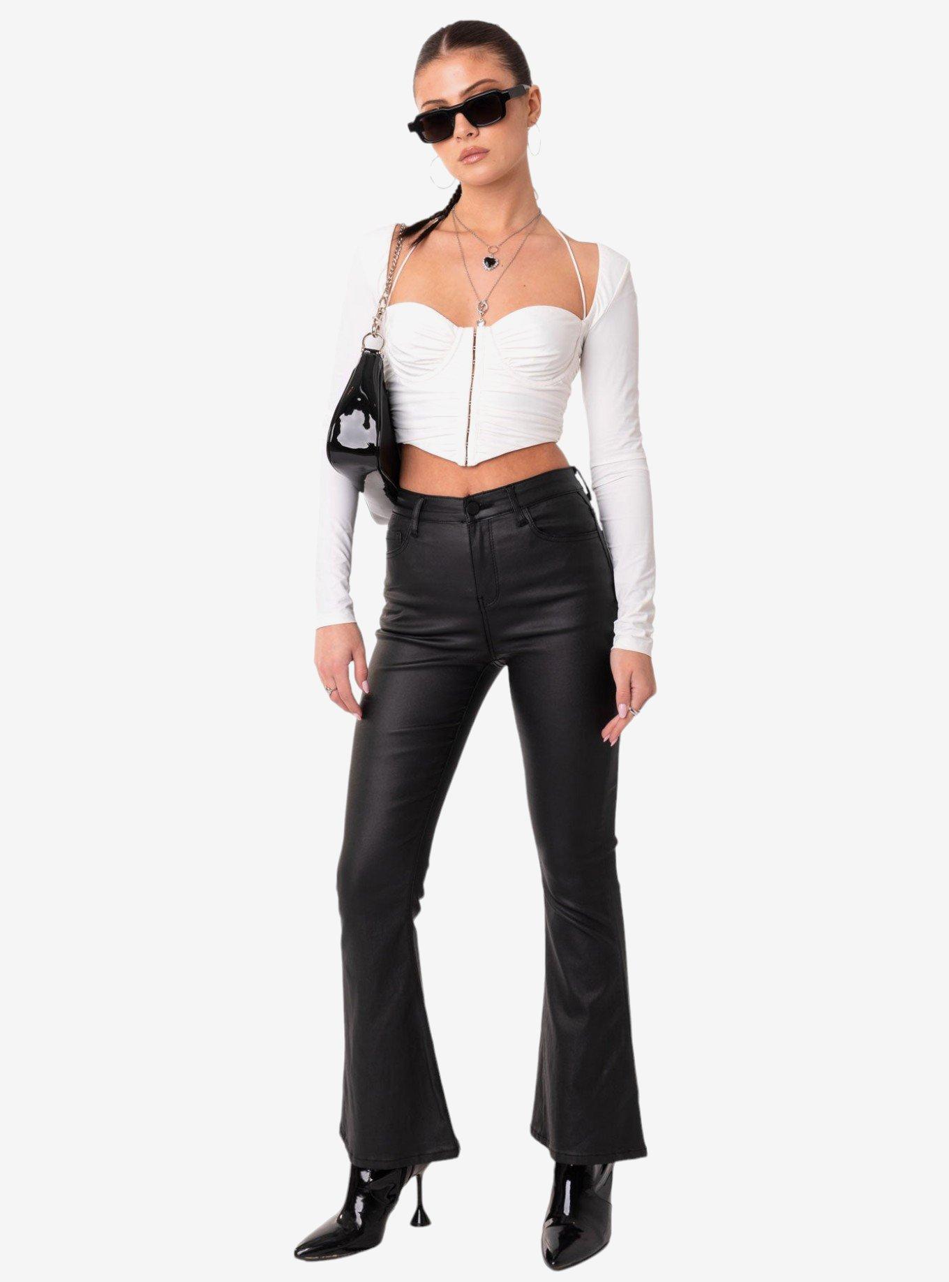 Edikted Petite Luna Faux Leather Flare Jeans, BLACK, alternate