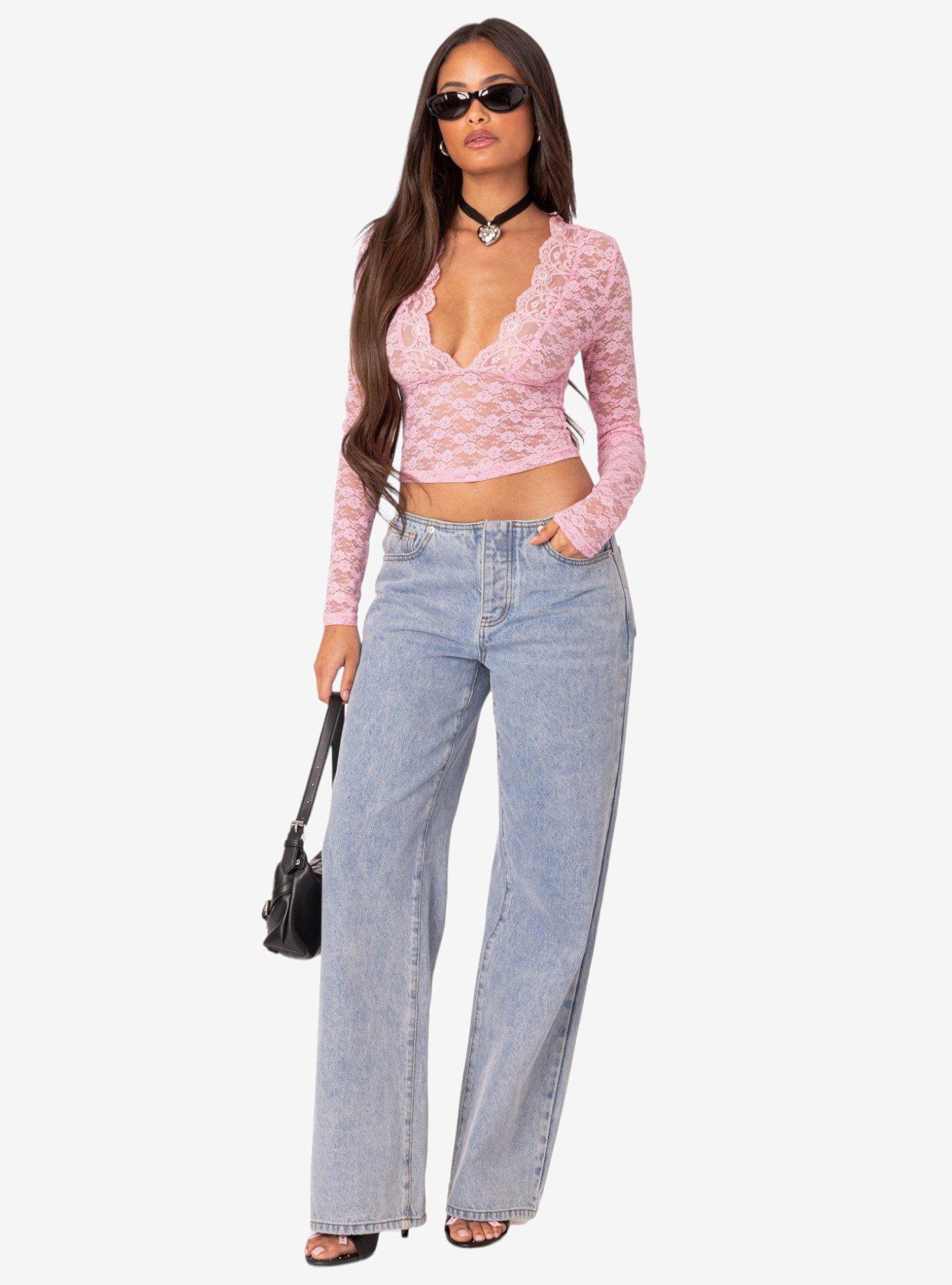 Beck Plunge Neck Sheer Lace Top, PINK, alternate - view 2