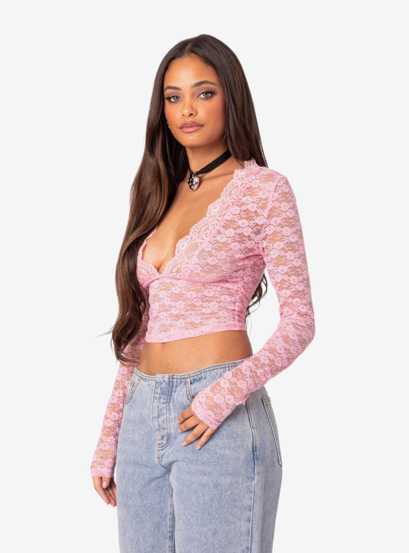 Beck Plunge Neck Sheer Lace Top, PINK, alternate - view 3