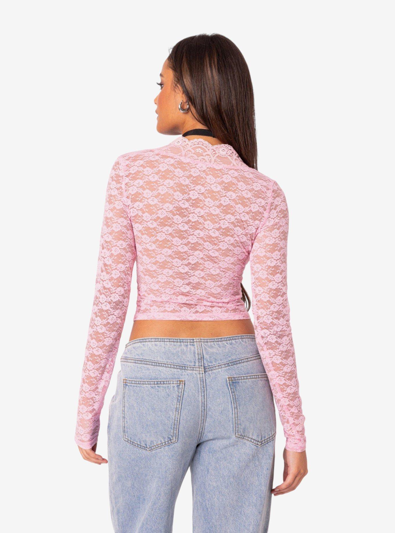 Beck Plunge Neck Sheer Lace Top, PINK, alternate - view 4