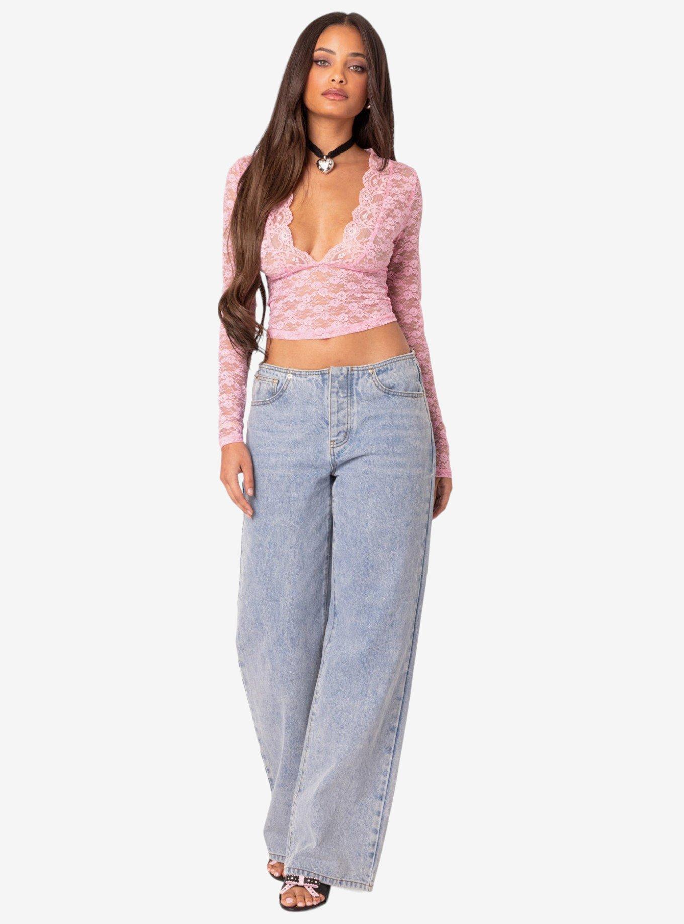 Beck Plunge Neck Sheer Lace Top, PINK, alternate - view 5