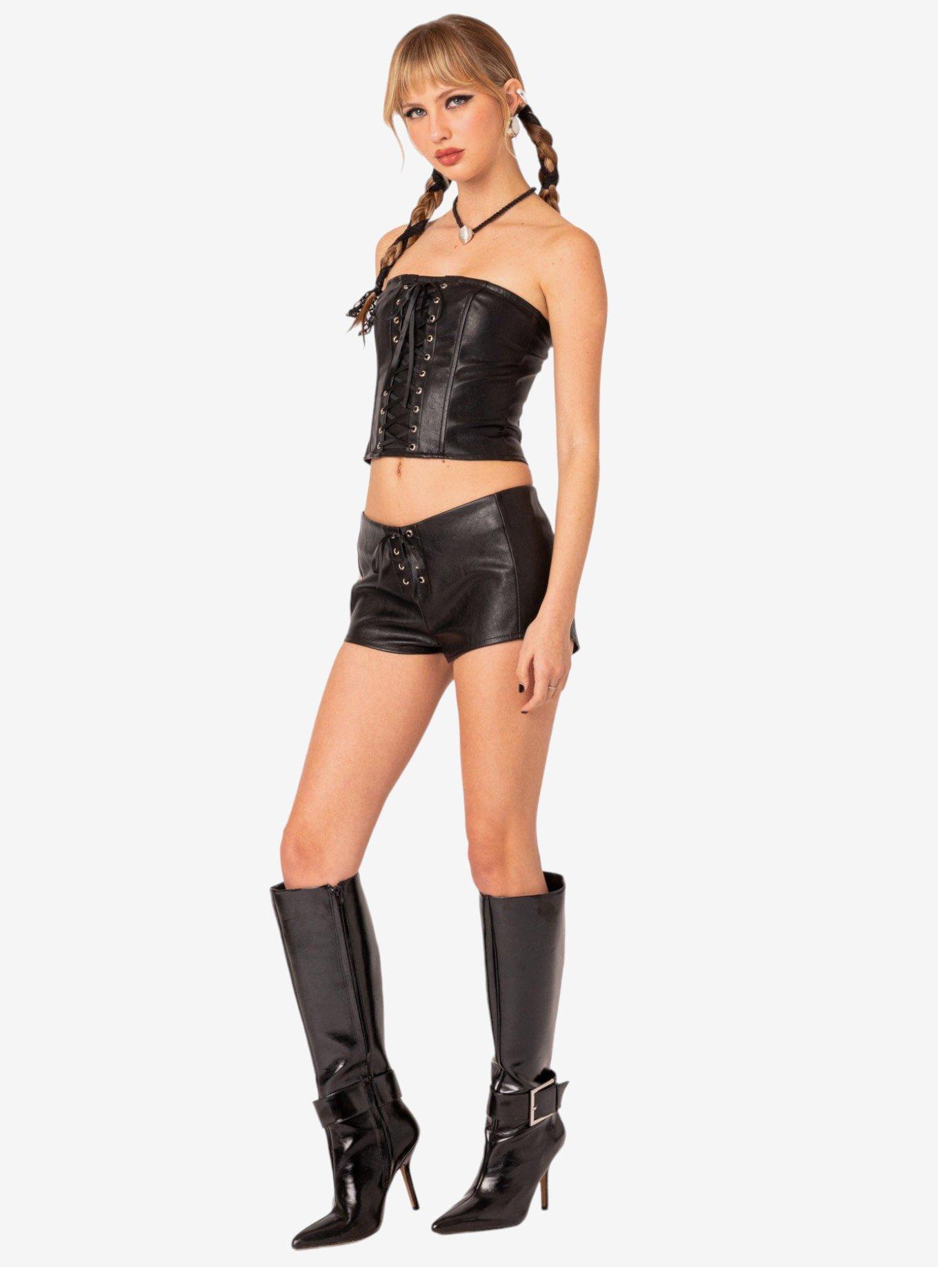Edikted Wilde Lace Up Faux Leather Corset Top, BLACK, alternate