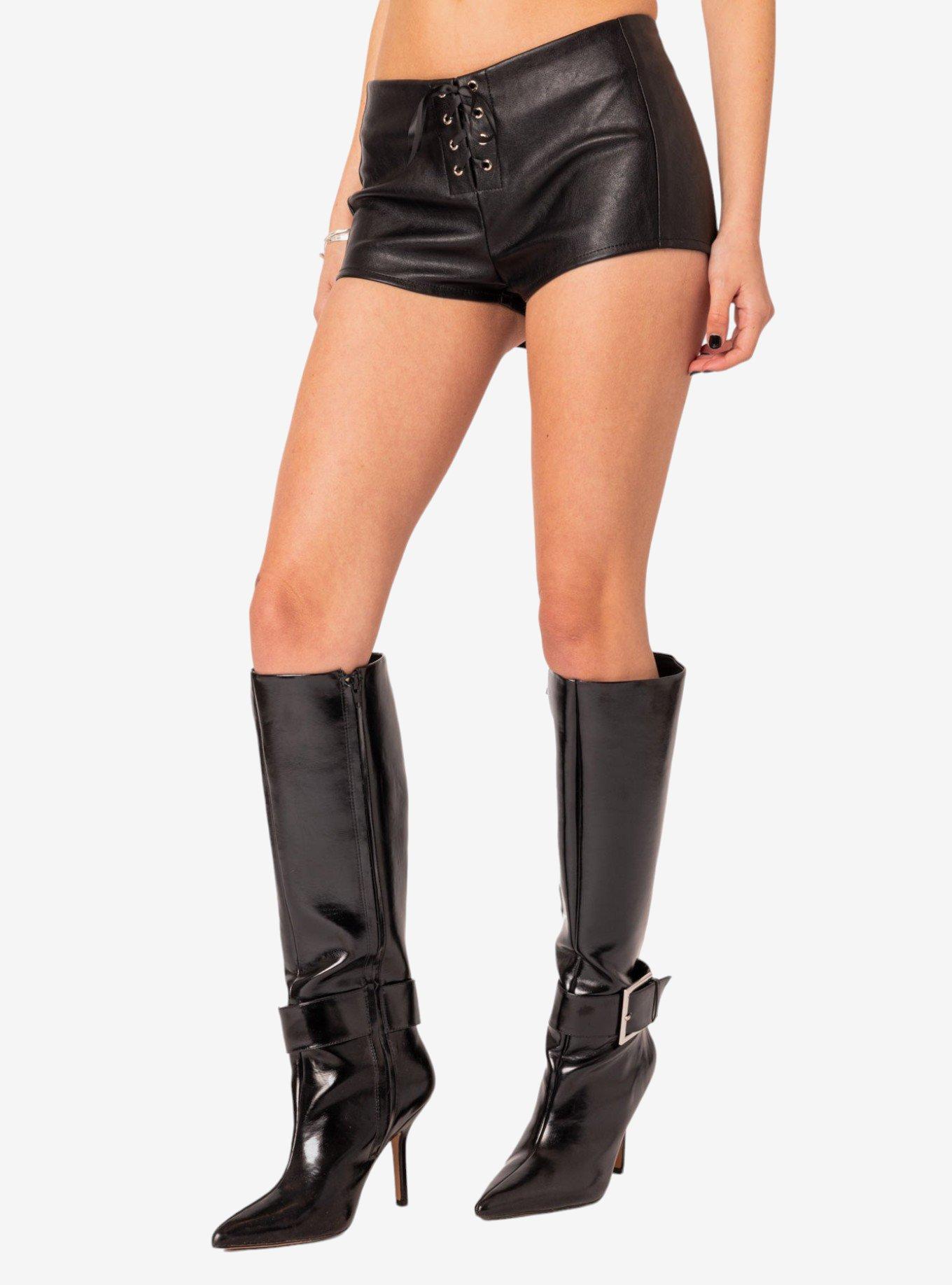 Edikted Wilde Lace Up Faux Leather Shorts, BLACK, alternate